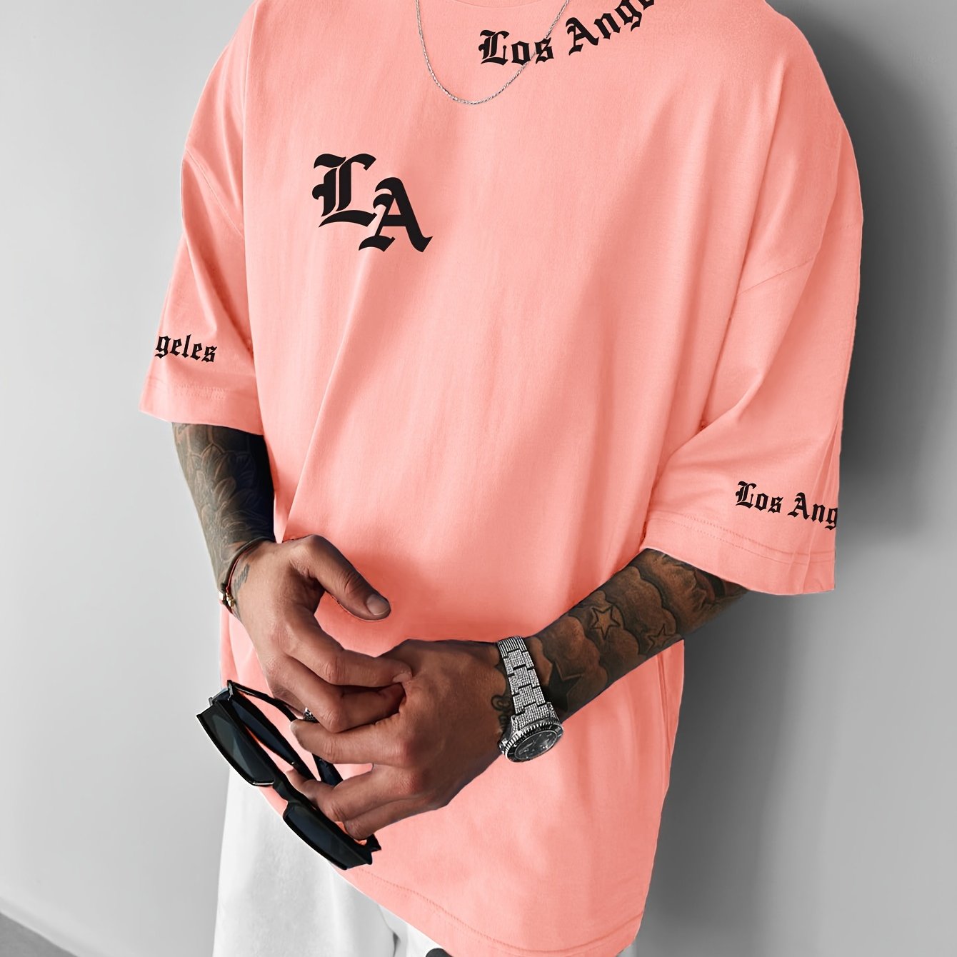 Men'S Casual Los Angeles Graphic Print T-Shirt Polyester Crew Neck Slight Stretch Summer Tee, Loose Fit Round Collar Short Sleeve Top for Men