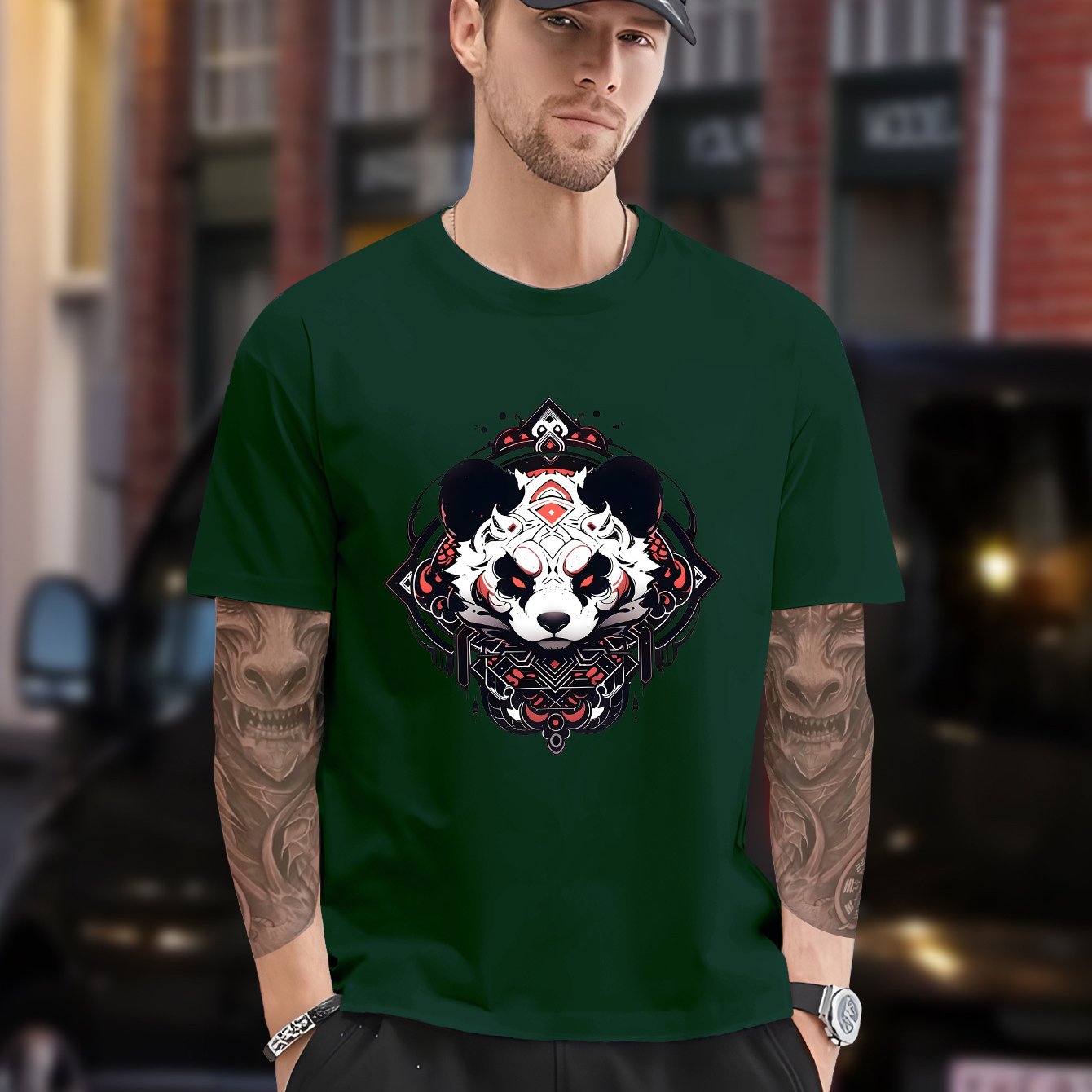 Men's Plus Size Black T-Shirt with Panda Graphic - Casual, Non-Stretch Polyester, Crew Neck, Short Sleeve Tee for Summer, Oversized T Shirt