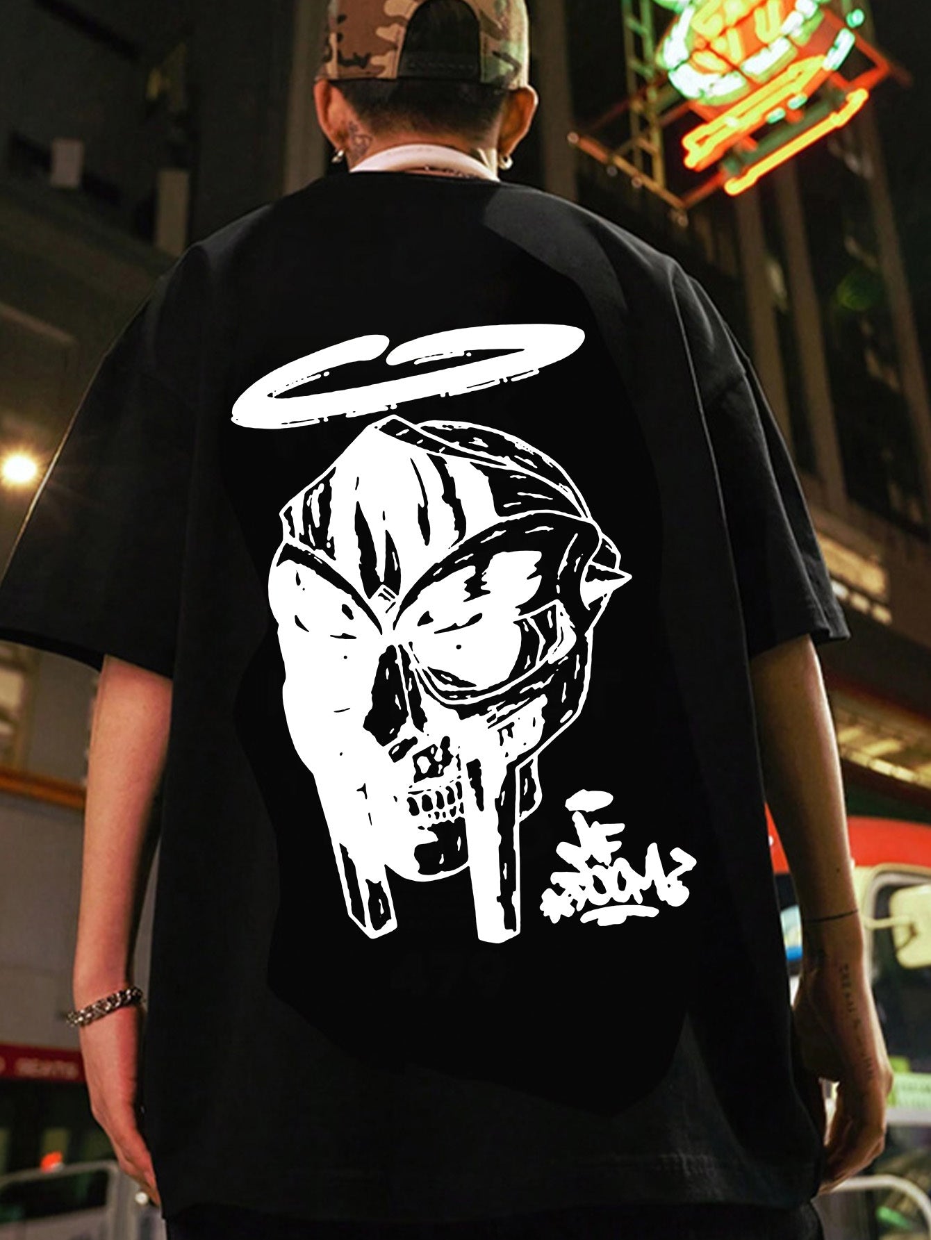 Men's Oversized MF DOOM Mask Graphic Tee - Casual Trendy Summer Black T-Shirt with White Print, 100% Polyester, Machine Washable, Vacation Style, H Version, Leisure Outing Occasion, Summer