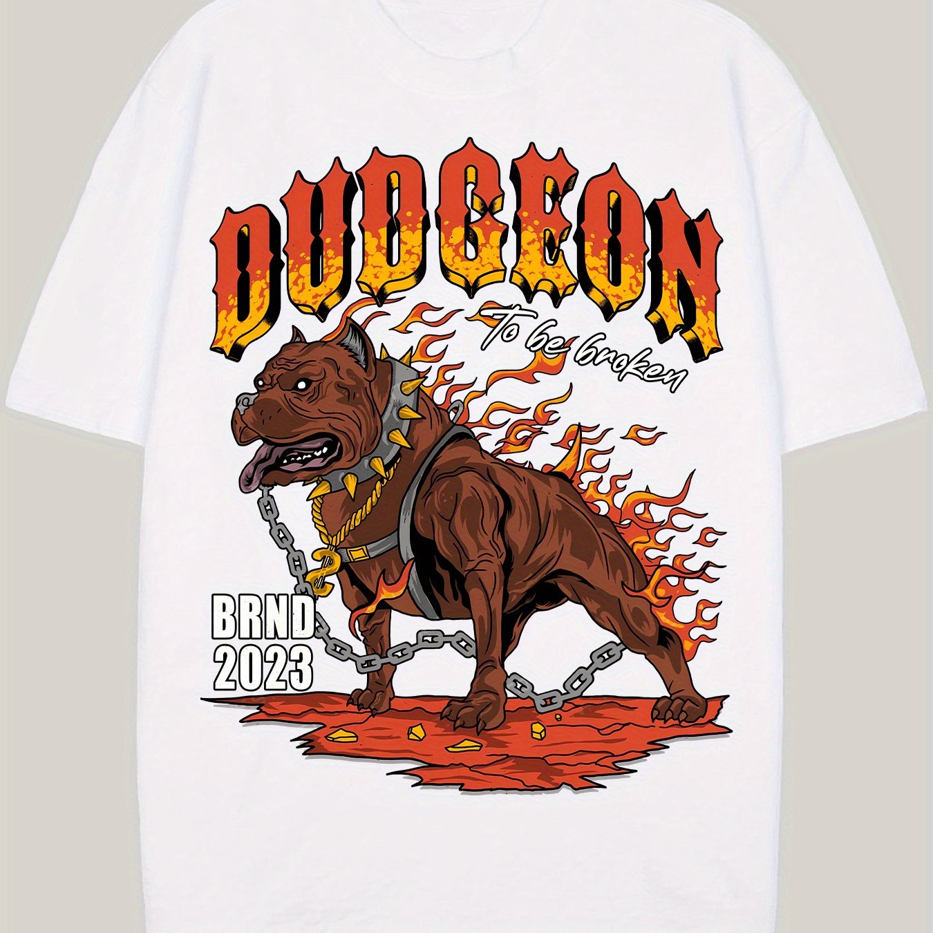 Men's Flaming Bulldog With Chain Pattern And DUDGEON TO BE BROKEN Print Crew Neck T-shirt, Pure Cotton Fashion Top For Summer Street And Sports Wear