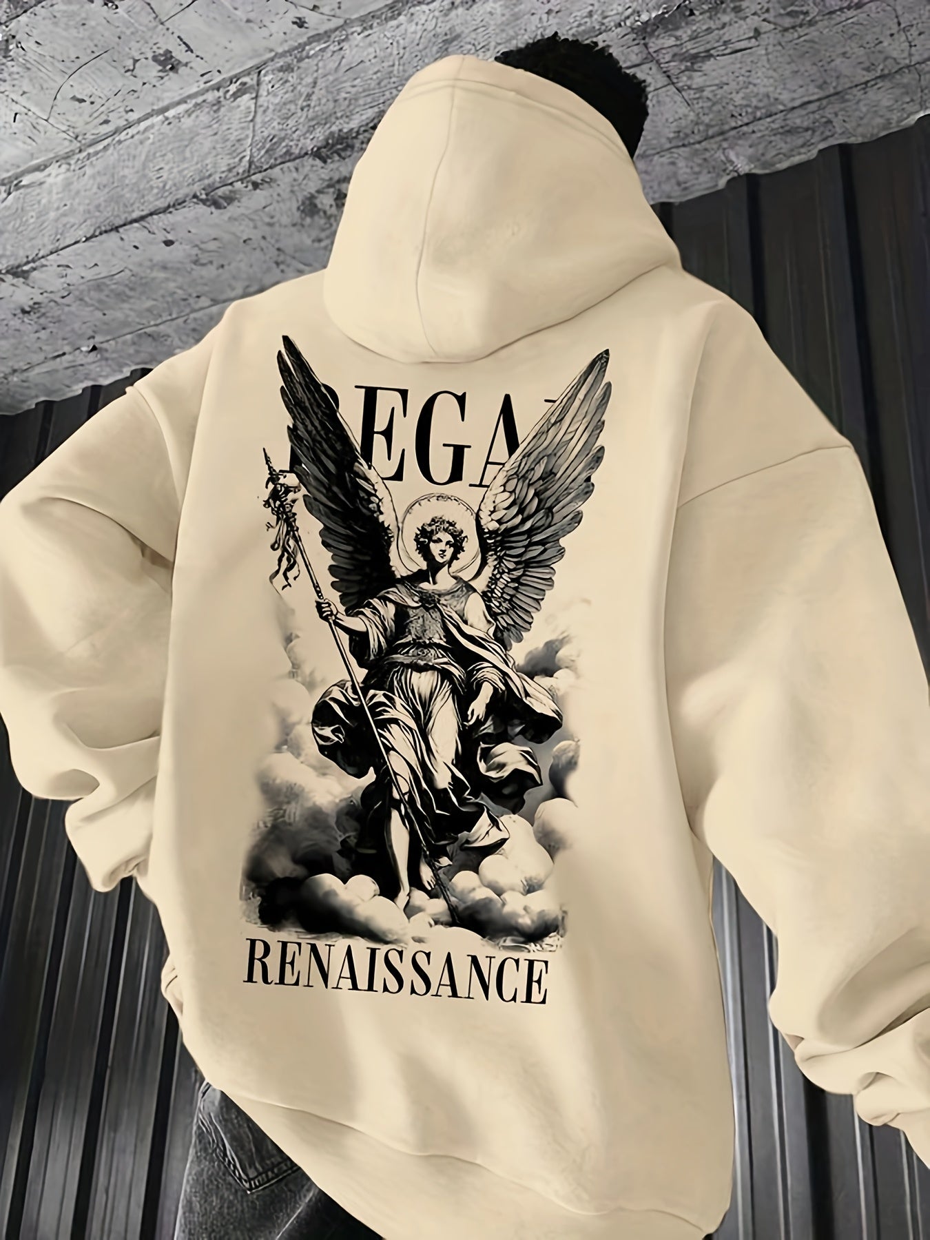 1pc Men'S Casual French Terry Hoodie with Angel Renaissance Print, Non-Stretch Knit Fabric, Loose Fit with Pockets, Alphabet Pattern, Comfortable Commuter Fashion Sweatshirt