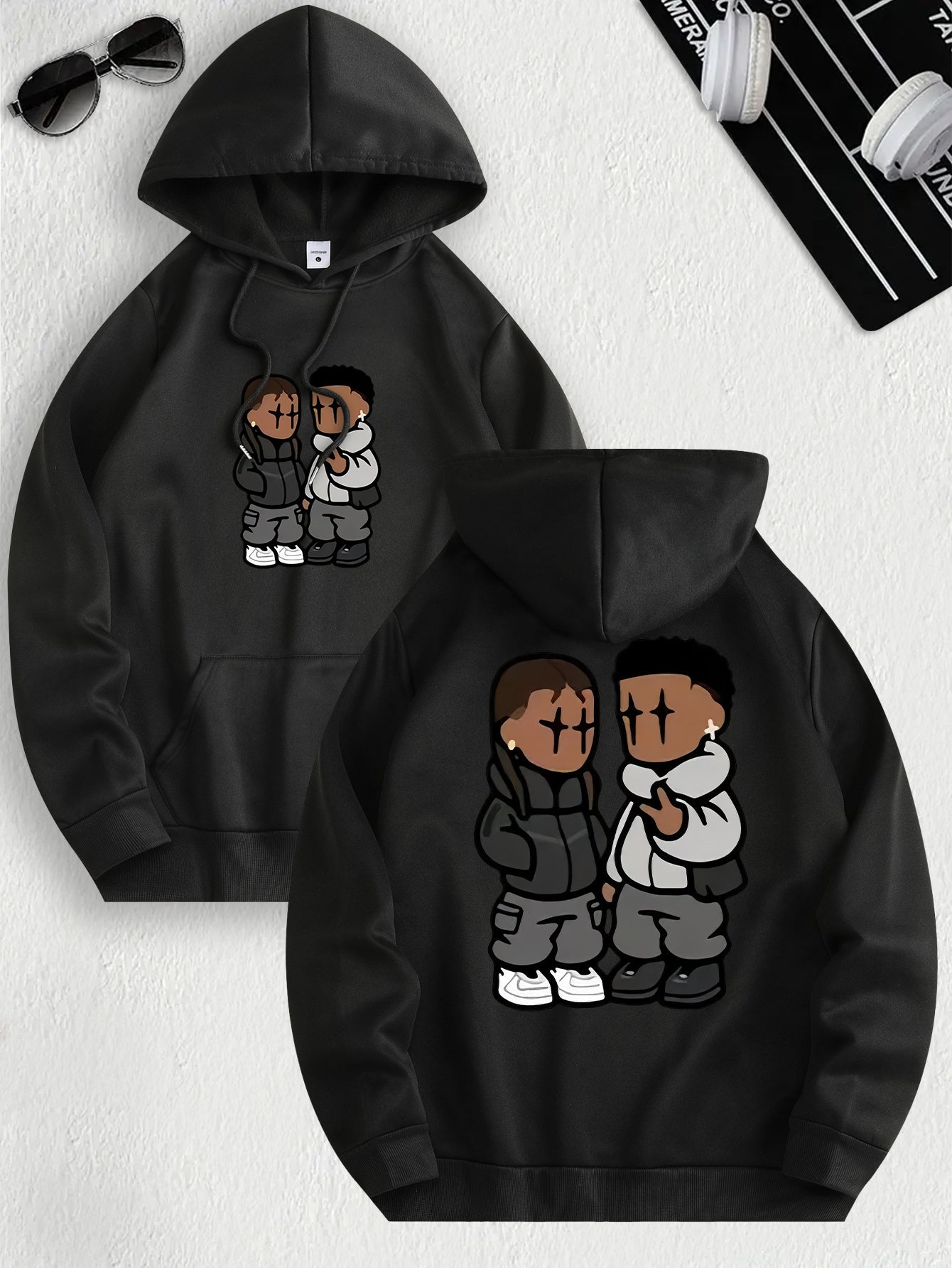 Men's Trendy Hoodie with Fleece-Lined Kangaroo Pocket - Casual & Comfortable, Cartoon Print Pullover Sweatshirt, K-pop, Fashion Design, Leisure Style, Conventional Version, ALL/Global/All