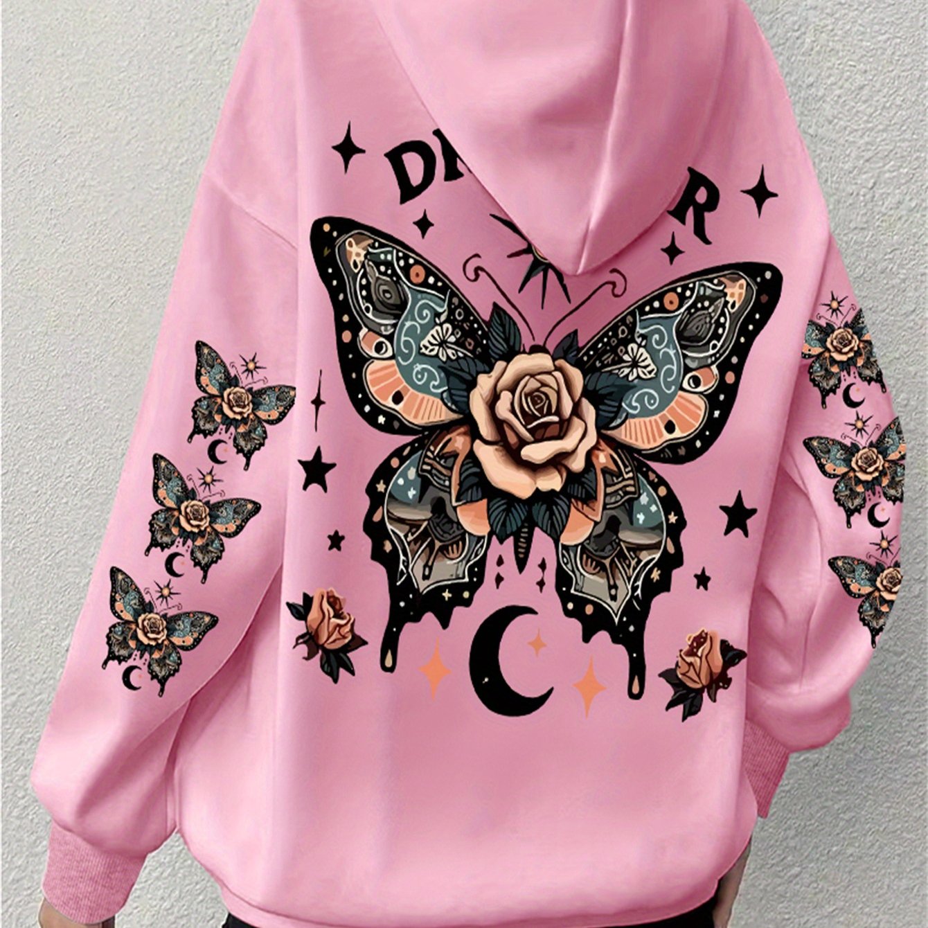 Plus Size Butterfly Print Drawstring Hoodie, Casual Long Sleeve Kangaroo Pocket Hooded Sweatshirt For Fall & Winter, Women's Plus Size Clothing