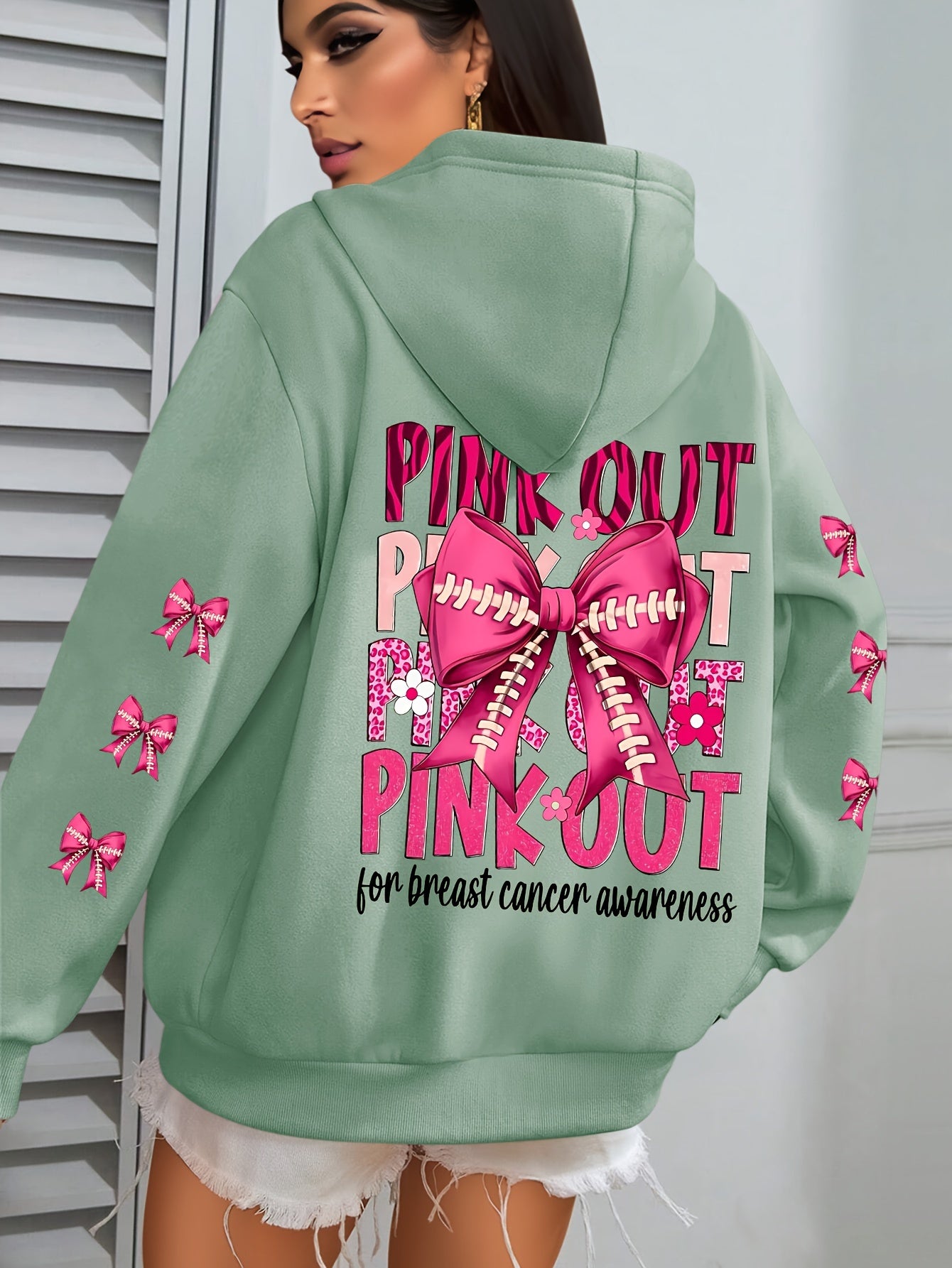 Women'S Plus Size Hoodie with Pink Ribbon Bowknot Print, Casual Long Sleeve Pullover with Pocket, 100% Polyester Knit Fabric, Slight Stretch, Fall/Winter Hooded Sweatshirt, Breast Cancer Awareness Design