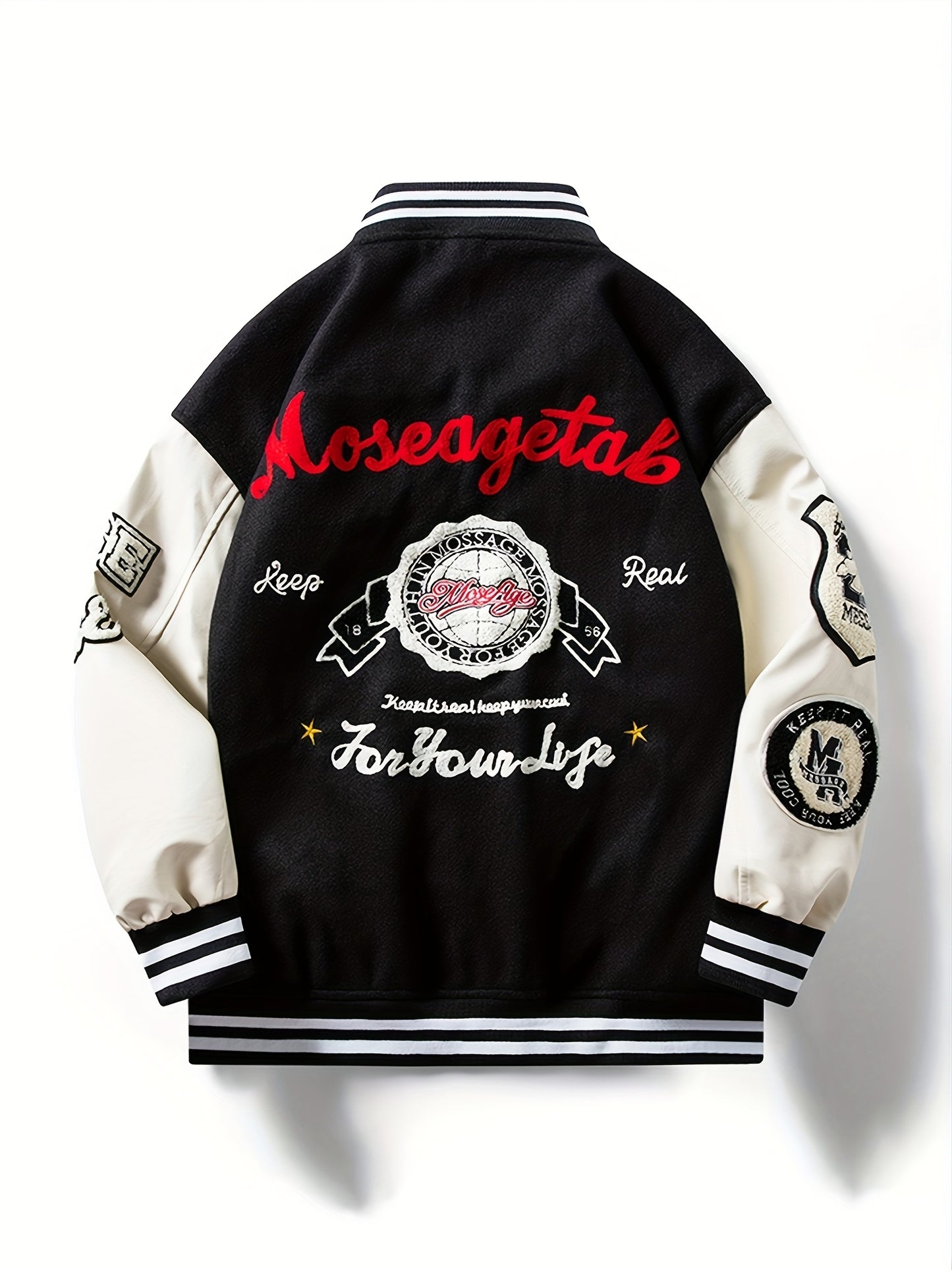 Embroidery Varsity Jacket, Men's Casual Color Block Button Up Jacket For Spring Fall School Baseball
