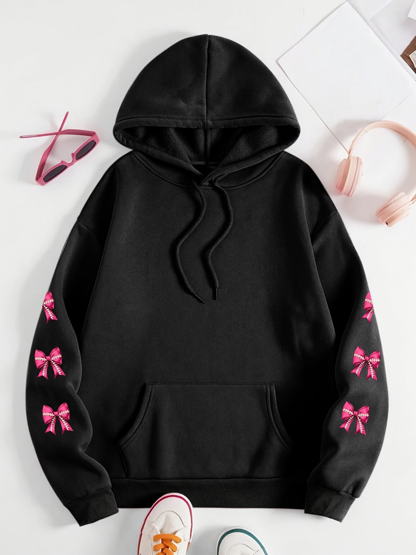 Women'S Plus Size Hoodie with Pink Ribbon Bowknot Print, Casual Long Sleeve Pullover with Pocket, 100% Polyester Knit Fabric, Slight Stretch, Fall/Winter Hooded Sweatshirt, Breast Cancer Awareness Design
