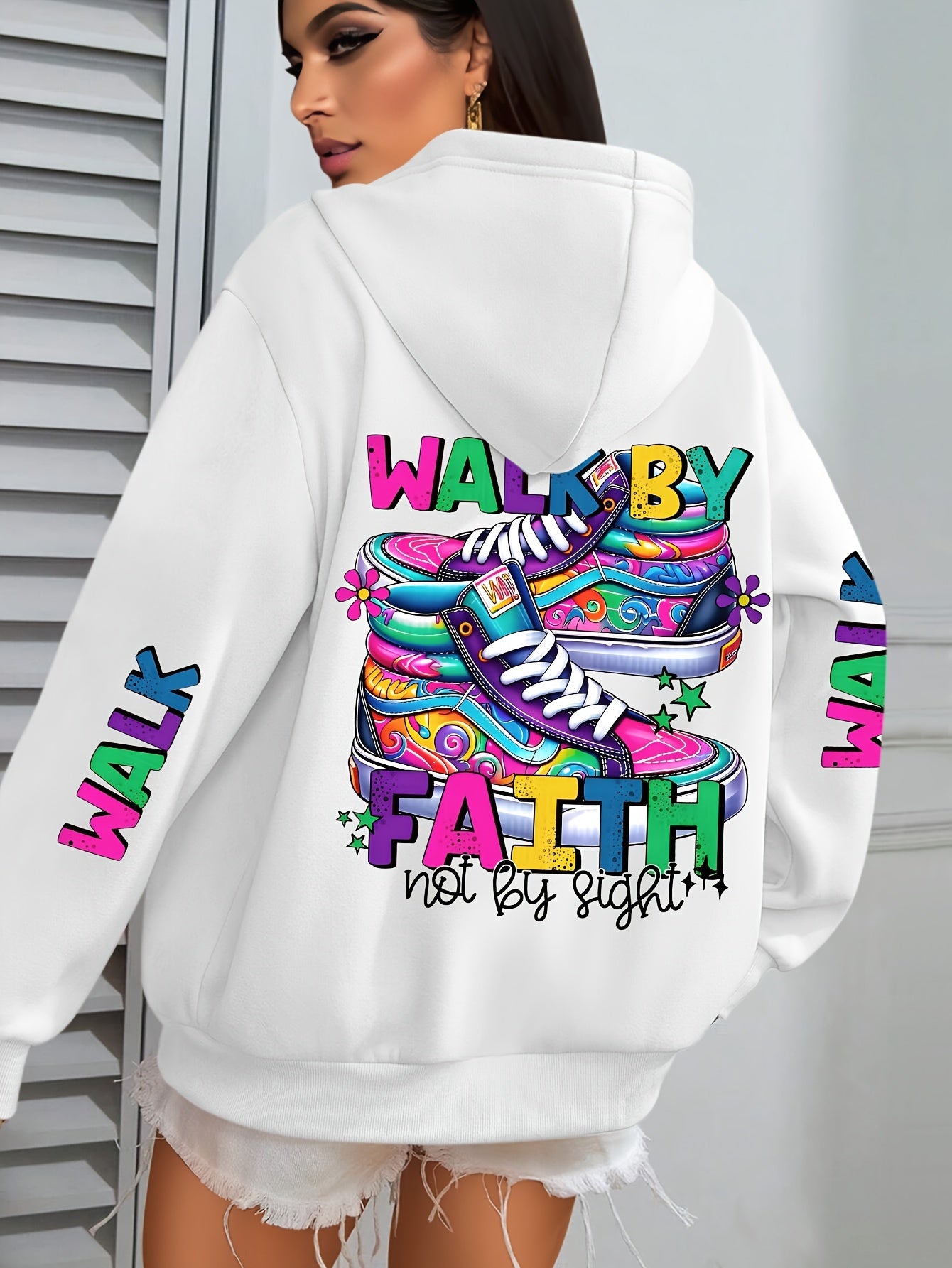 Plus Size Women's Hoodie with Colorful Walk Shoes Print - Casual Long Sleeve Pullover with Pocket, Cozy Polyester Hooded Sweatshirt for Fall & Winter, Fall Fashion Hoodie|Vibrant Shoe Design|Machine Washable Top