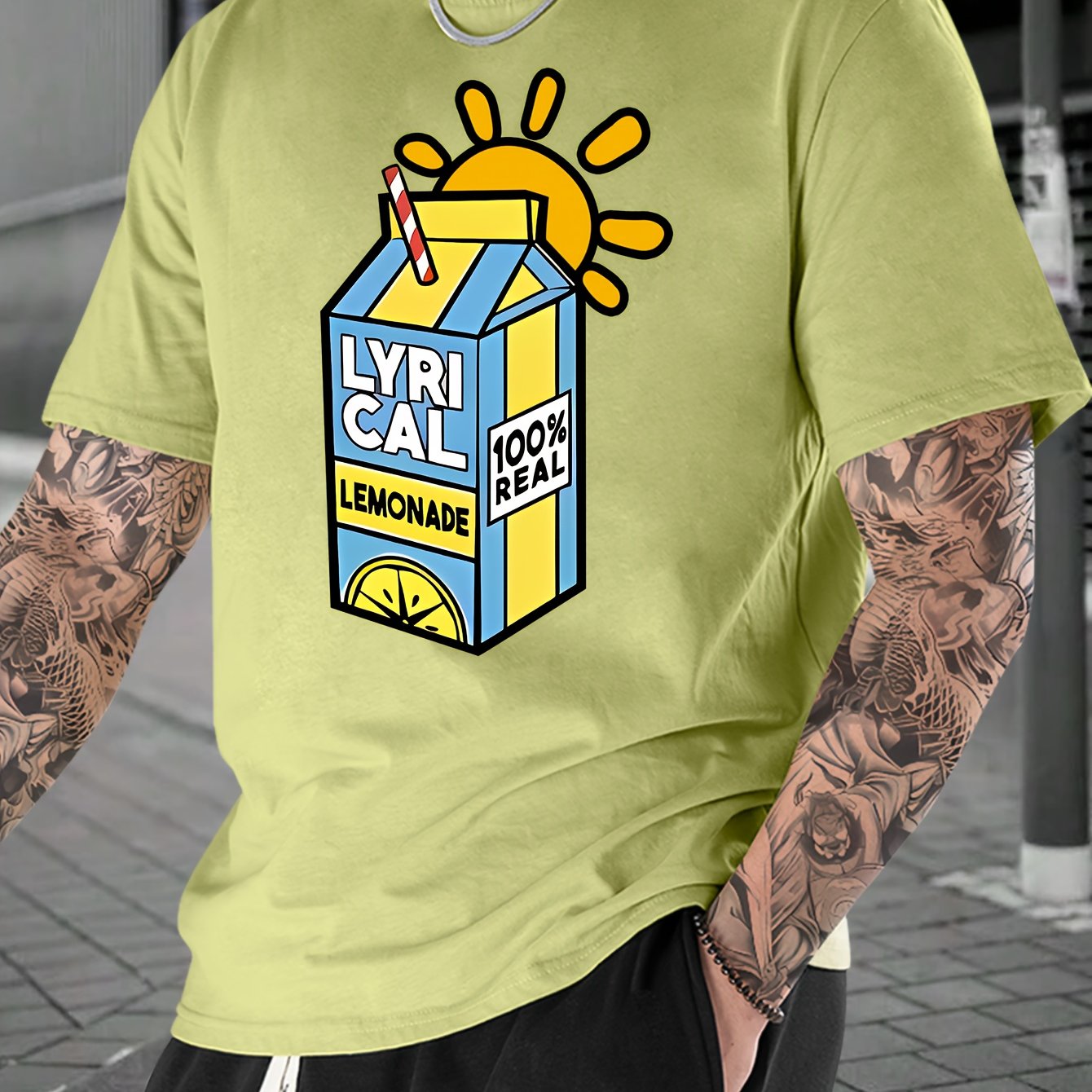 Lemonade Print, Men's Crew Neck Short Sleeve Fashion T-Shirt, Casual Comfy Top For Spring & Summer Holiday Leisure Vacation, Men's Clothing As Gift