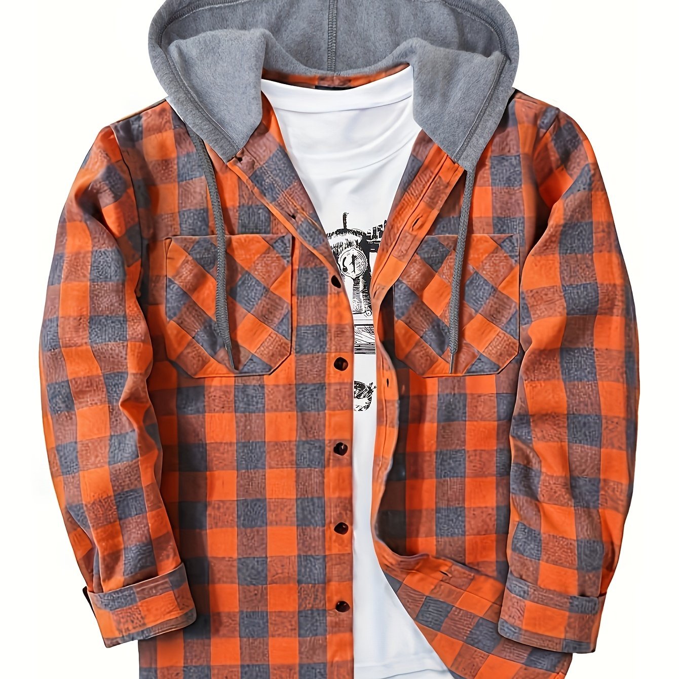 Fashionable Design Men's Plaid Pattern Hooded Long Sleeve And Button Up Shirt Jacket With Pockets, Chic And Trendy Hoodie Jacket For Outdoors Leisurewear