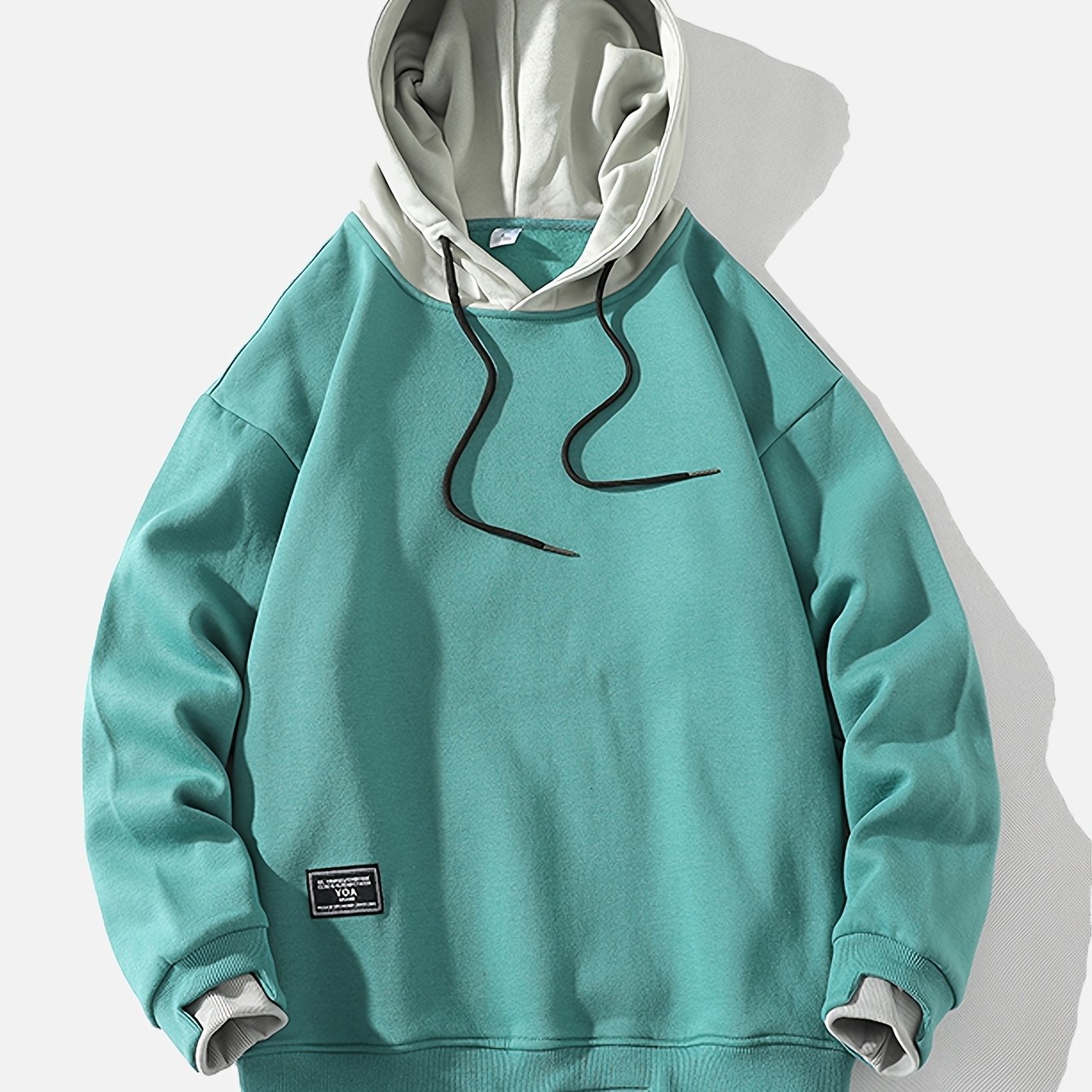 Men'S Fashion Casual Hooded Sweatshirt, 100% Polyester Knit Fabric, Long Sleeve, Loose Fit Pullover with Geometric Applique Design, Medium Stretch, for Spring/Autumn Trendy Streetwear