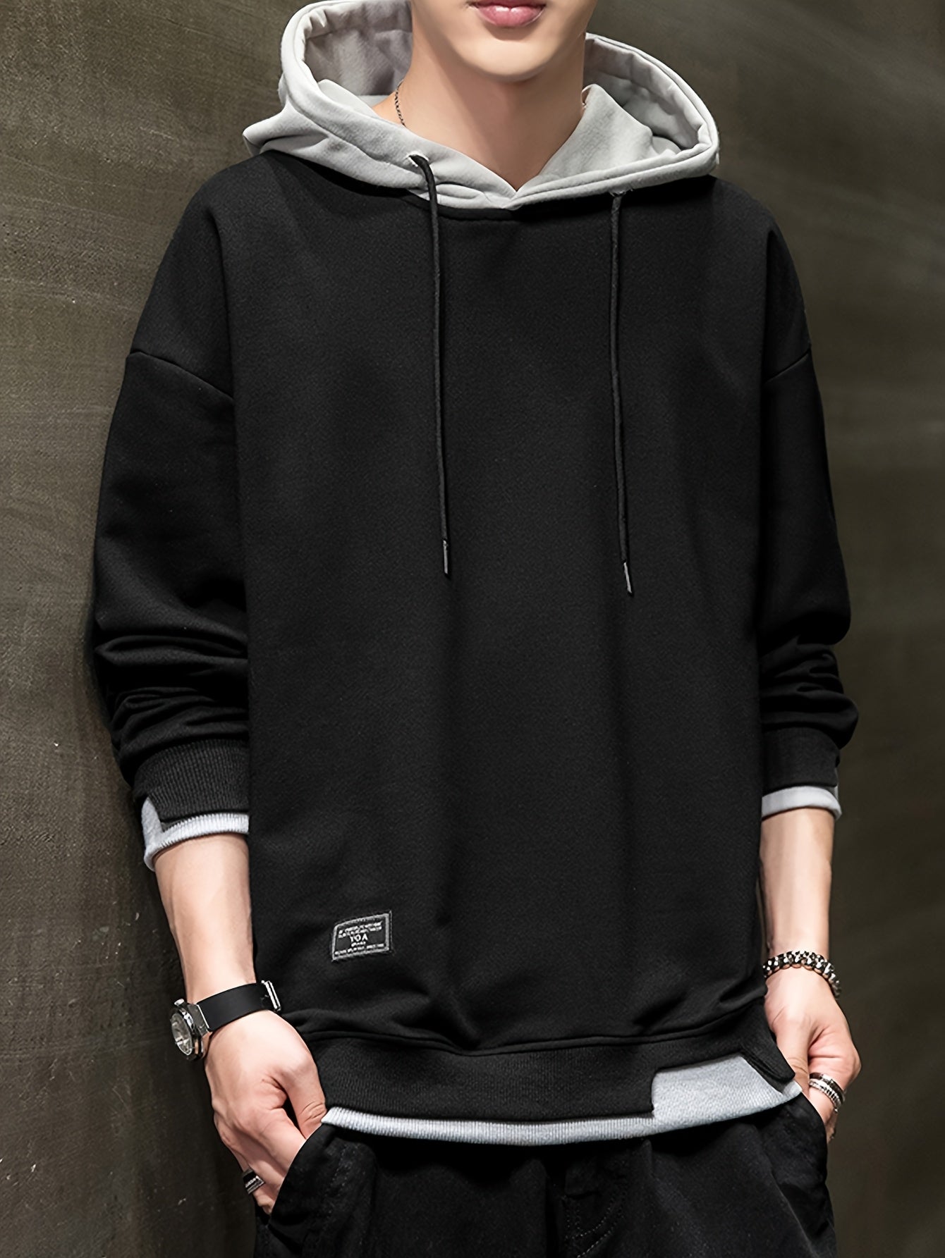 Men'S Fashion Casual Hooded Sweatshirt, 100% Polyester Knit Fabric, Long Sleeve, Loose Fit Pullover with Geometric Applique Design, Medium Stretch, for Spring/Autumn Trendy Streetwear