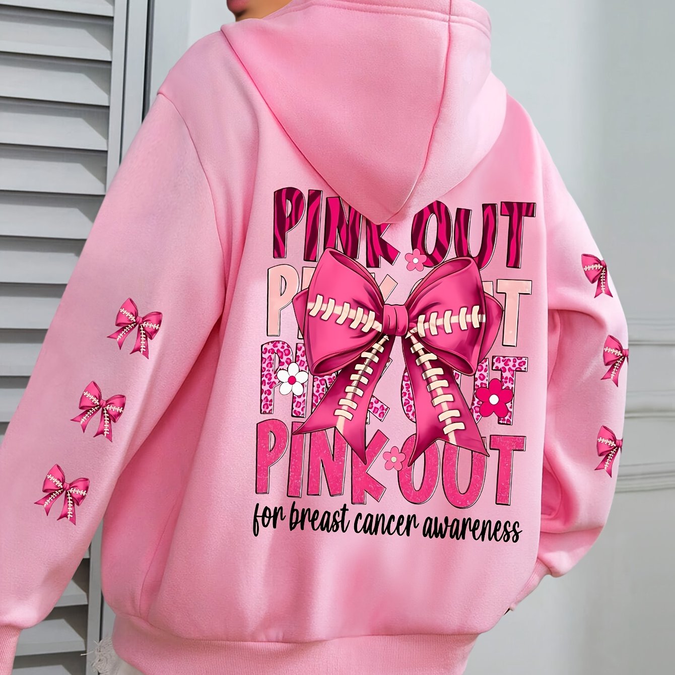 Women'S Plus Size Hoodie with Pink Ribbon Bowknot Print, Casual Long Sleeve Pullover with Pocket, 100% Polyester Knit Fabric, Slight Stretch, Fall/Winter Hooded Sweatshirt, Breast Cancer Awareness Design