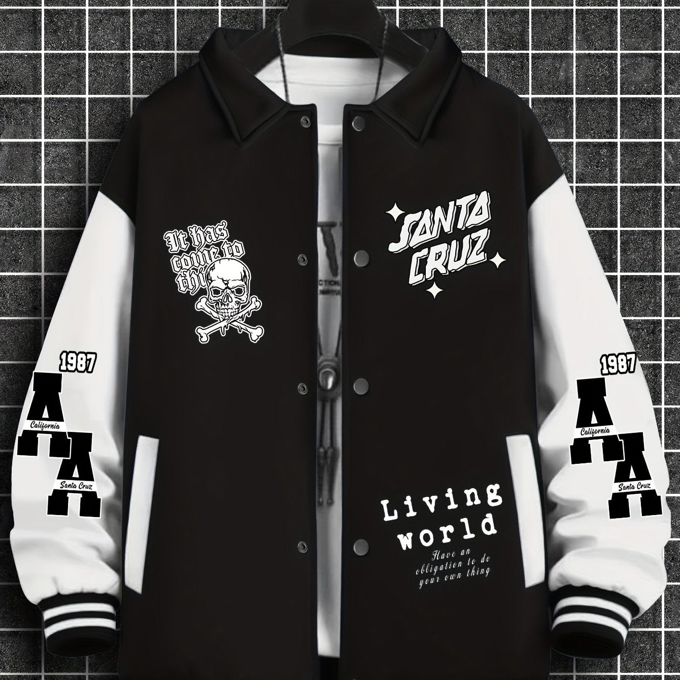 Men's Trendy Casual Baseball Jacket with Unique Print Design - Thick, Warm Polyester, Machine Washable, Collared Style