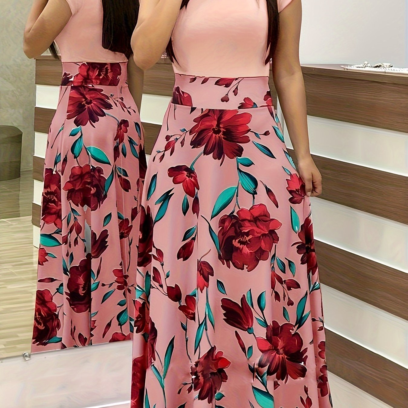 Floral Print Splicing Maxi Dress, Casual Crew Neck Short Sleeve Dress For Spring & Summer, Women's Clothing