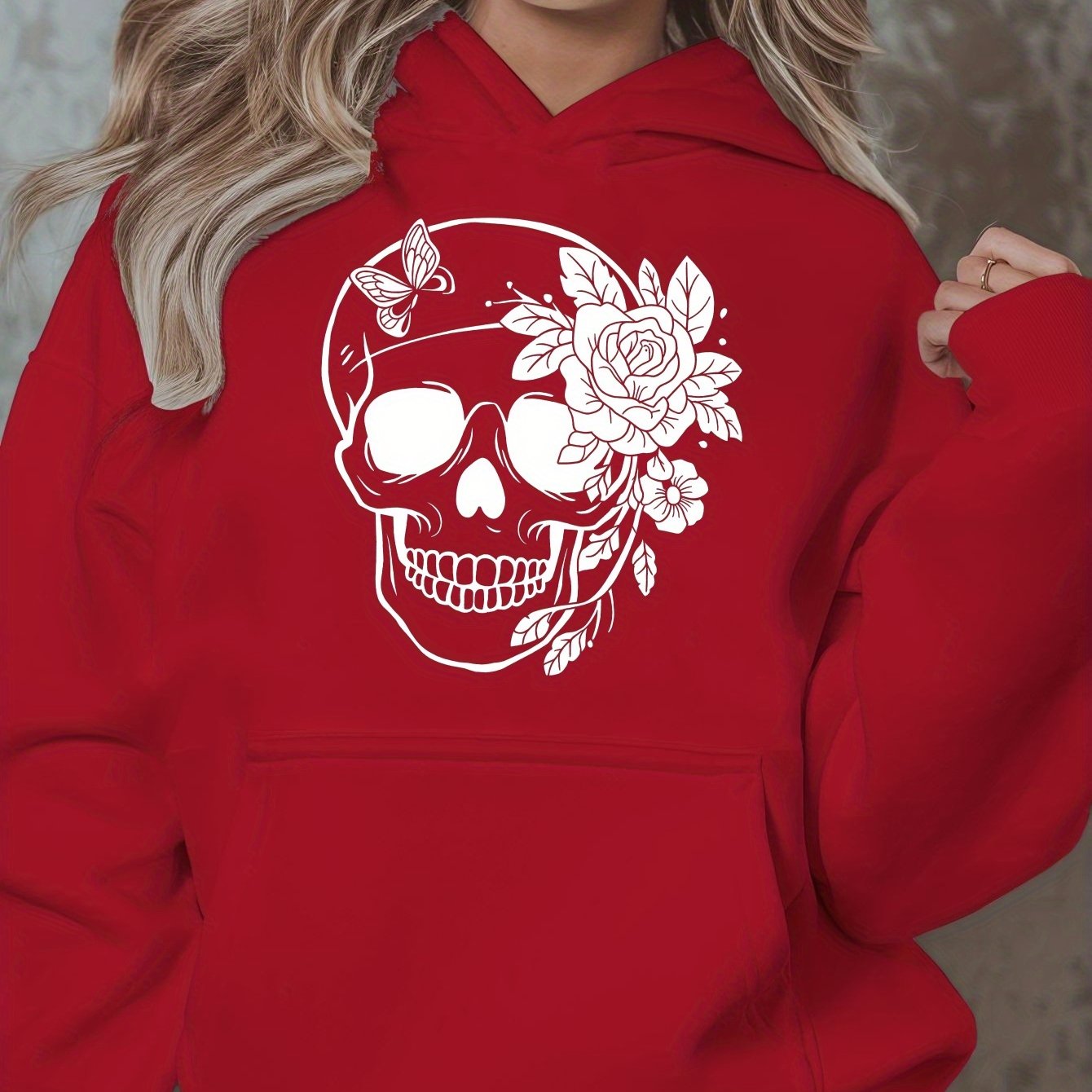 1pc Women'S Plus Size Casual Hoodie with Floral Skull Print, Polyester Knit Sweatshirt, Long Sleeve Pullover with Pockets, Letter Pattern, Round Neck Hooded Top, with Autumn/Winter Fashion