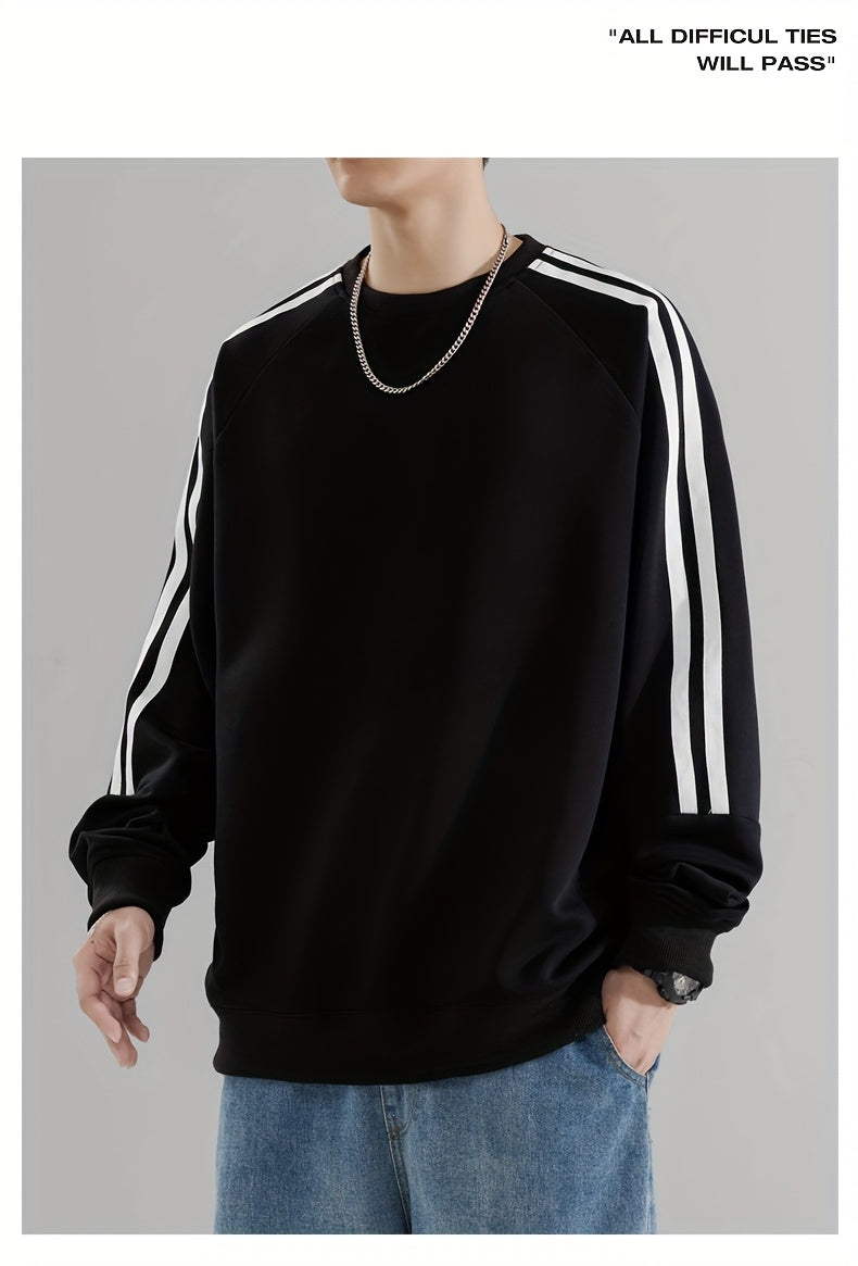 Men'S Casual Crew Neck Hoodie, 100% Polyester Knit Fabric, Solid Color with Side Stripes, Regular Fit, Non-Stretch, 250g/m² - Comfortable and Stylish for Street and Outdoor Activities
