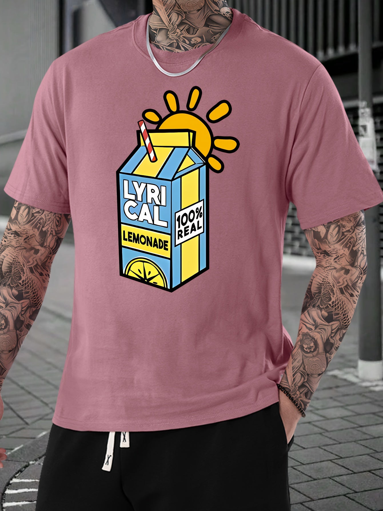 Lemonade Print, Men's Crew Neck Short Sleeve Fashion T-Shirt, Casual Comfy Top For Spring & Summer Holiday Leisure Vacation, Men's Clothing As Gift