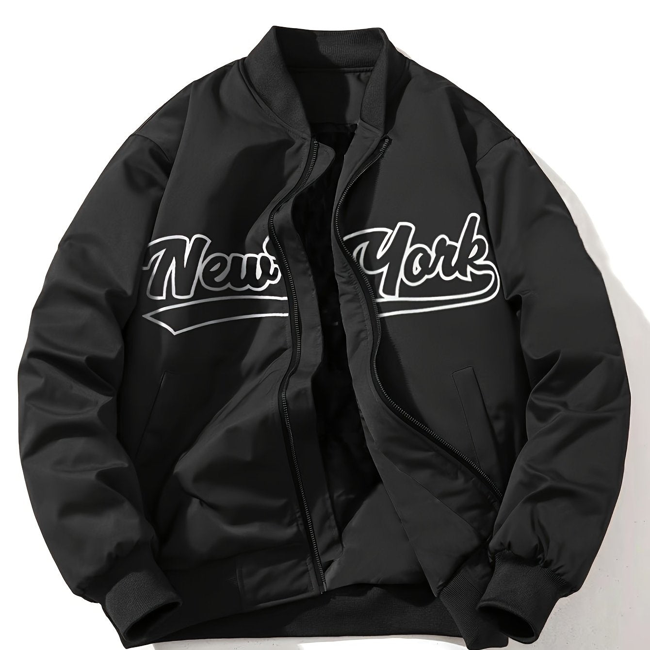 1pc Men'S Casual Bomber Jacket, Polyester 100% Lightweight Windbreaker, Letter Print, Baseball Collar, Long Sleeve, Regular Fit with Pockets, Zippered Front - Daily and Leisure Wear