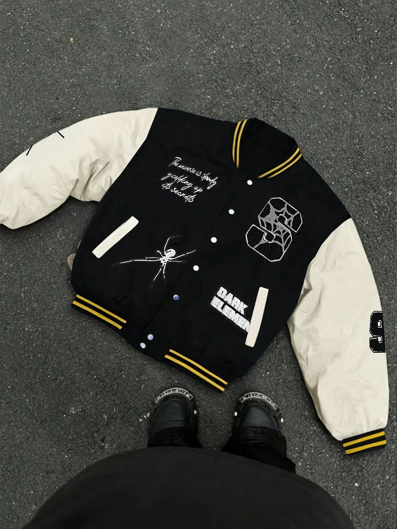 Trendy Fall Fashion Two-Piece Set: Casual Spider & "Remember My Name" Print Baseball Jacket with Pockets - Polyester, Snap Closure, Long Sleeves for Couples