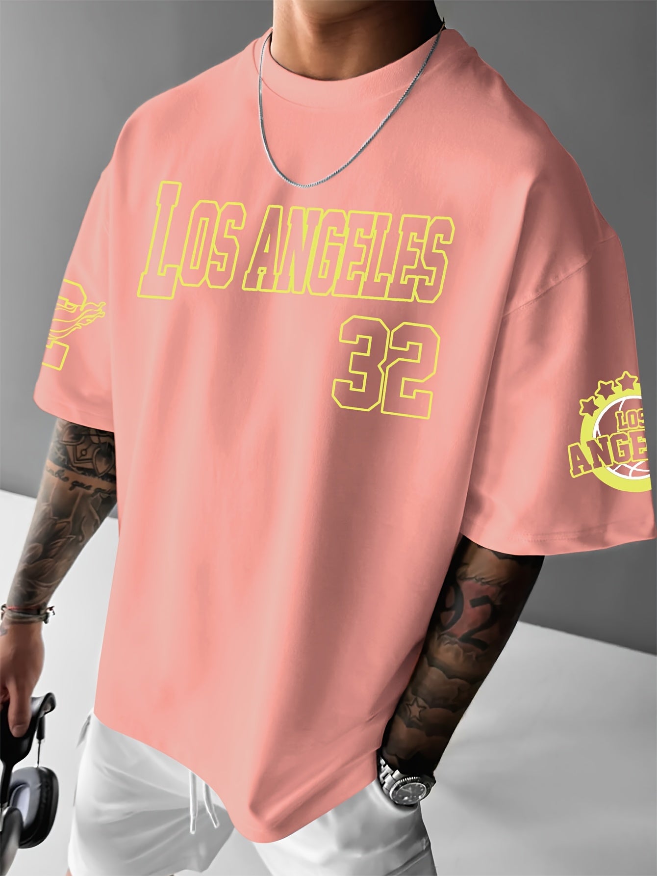Men'S Fashion Los Angeles Print Casual Loose Crew Neck T-Shirt, 100% Polyester Knit Fabric, Slight Stretch, for Summer Wear