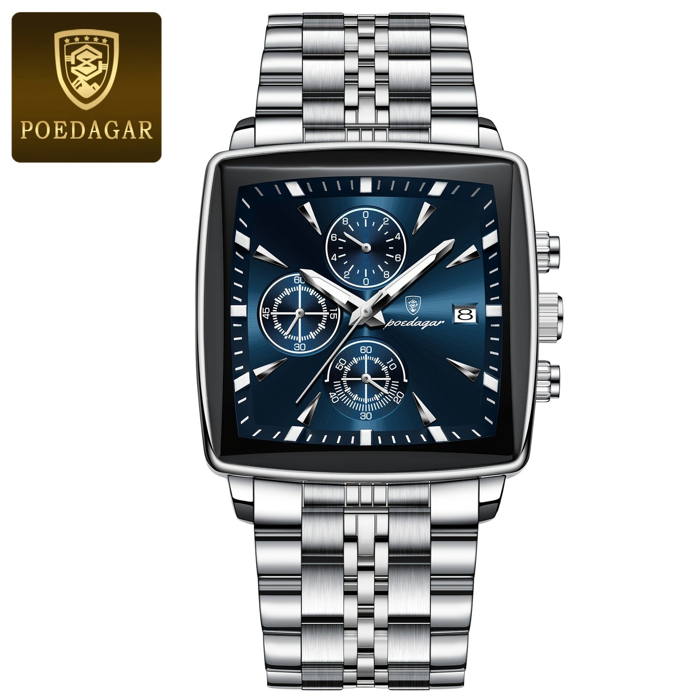 POEDAGAR Men'S Business Quartz Watch, Stainless Steel Square Dial, Luminous Hands, Date Calendar, Battery Powered, with Non-Rechargeable Button Battery, for Thanksgiving & Christmas Gifts, Water Resistant