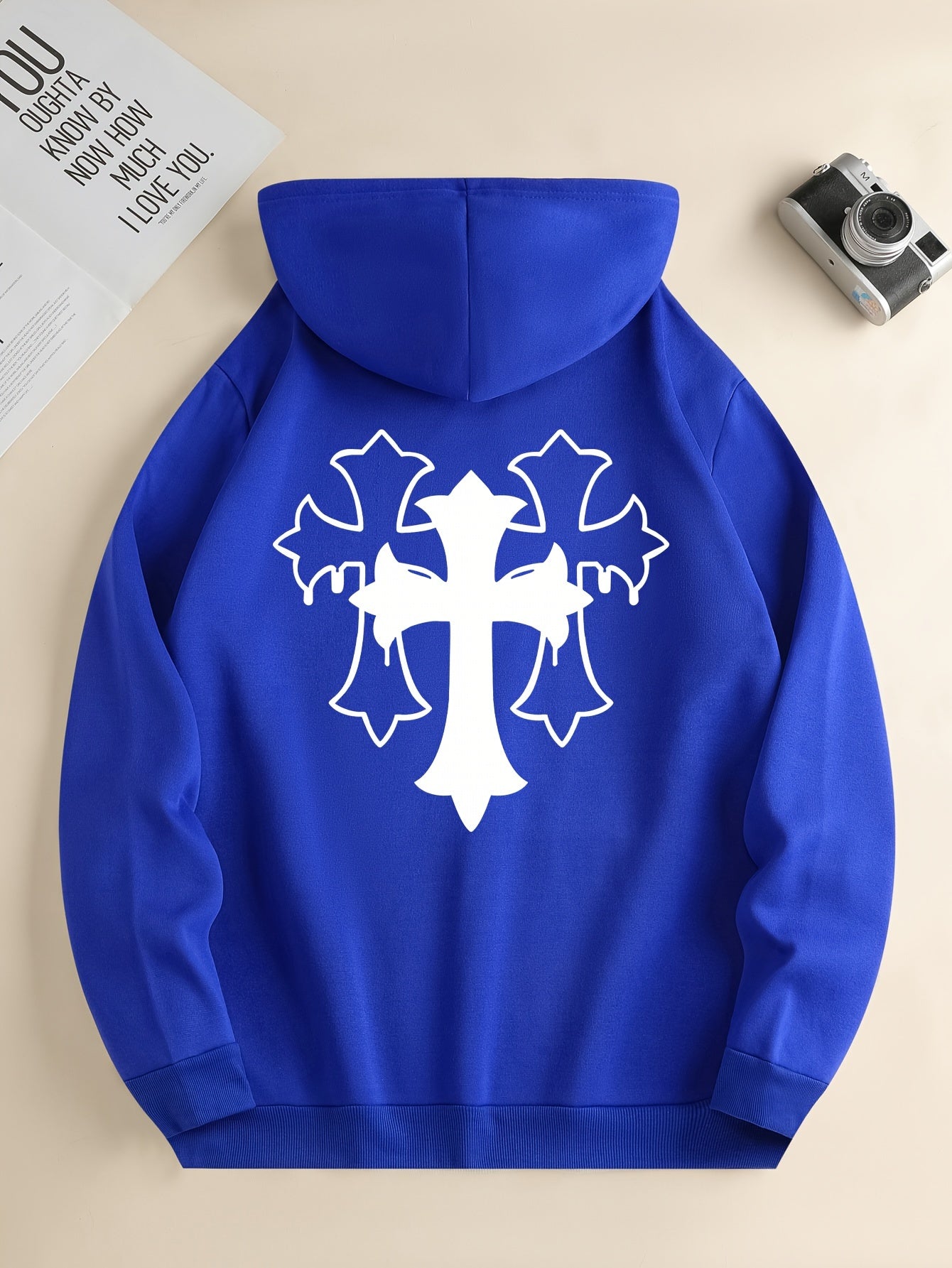 Cross Print Men's Simple Style Pullover Hoodies With Kangaroo Pocket Long Sleeve Hooded Sweatshirt Loose Casual Top For Autumn Winter Men's Clothing As Gifts
