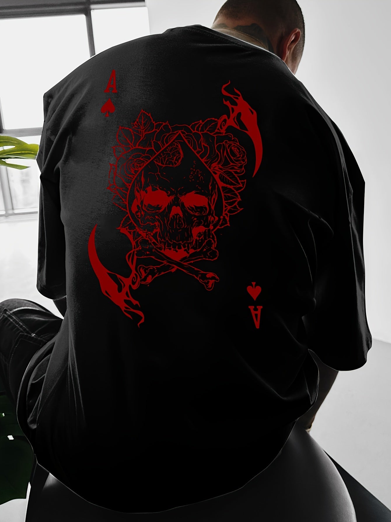 Men's Casual Hip-Hop Street Style Death Skull Ace of Spades Print T-Shirt - Loose Fit, Round Neck, Polyester Knit Fabric, Summer Collection