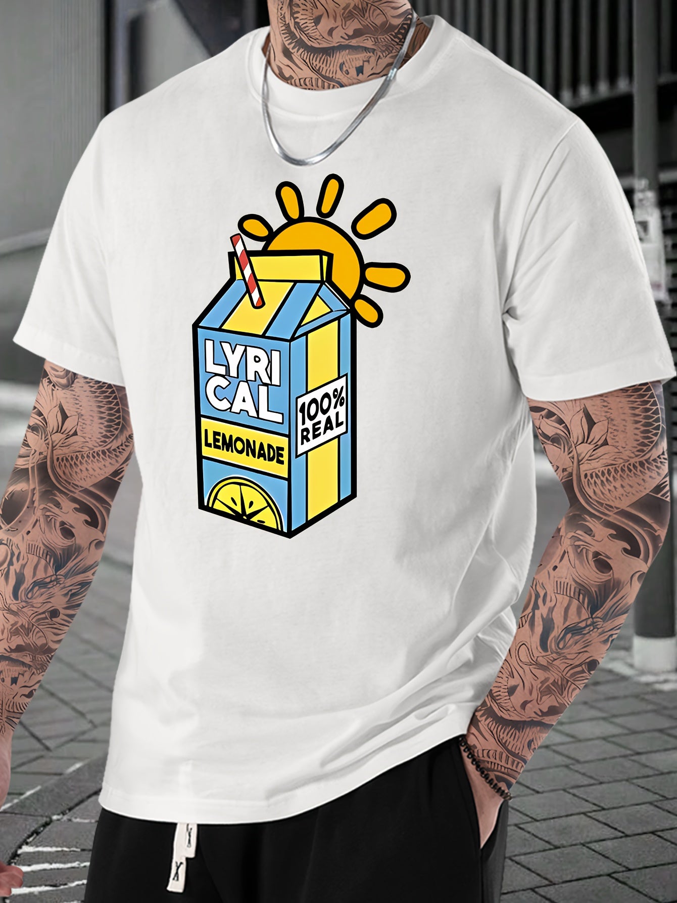 Lemonade Print, Men's Crew Neck Short Sleeve Fashion T-Shirt, Casual Comfy Top For Spring & Summer Holiday Leisure Vacation, Men's Clothing As Gift