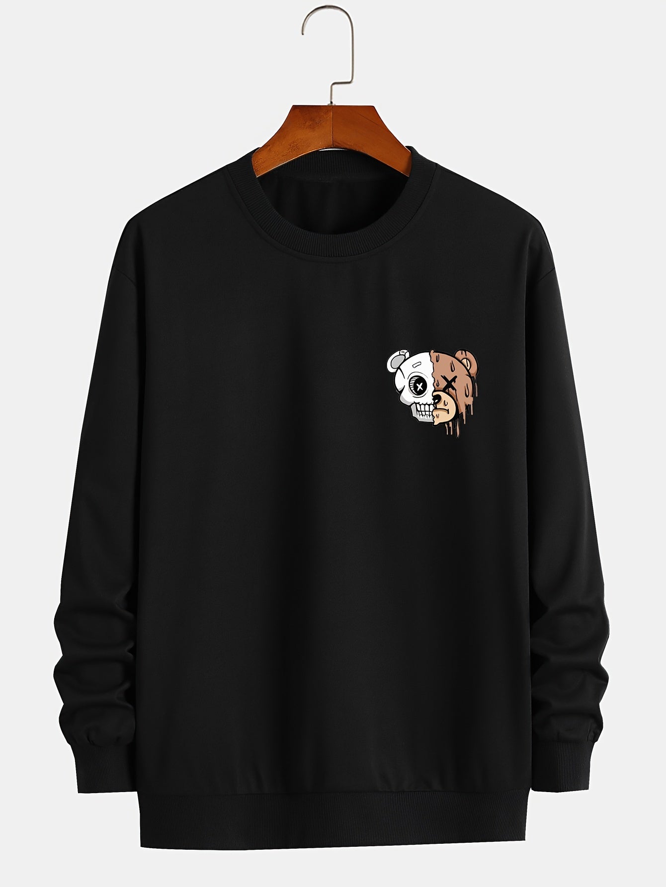 Melted Skull Bear Printed Men's Crew Neck And Long Sleeve Sweatshirt, Casual Style, Breathable, Comfortable, Stylish Street Fashion Pullover Sweatshirt