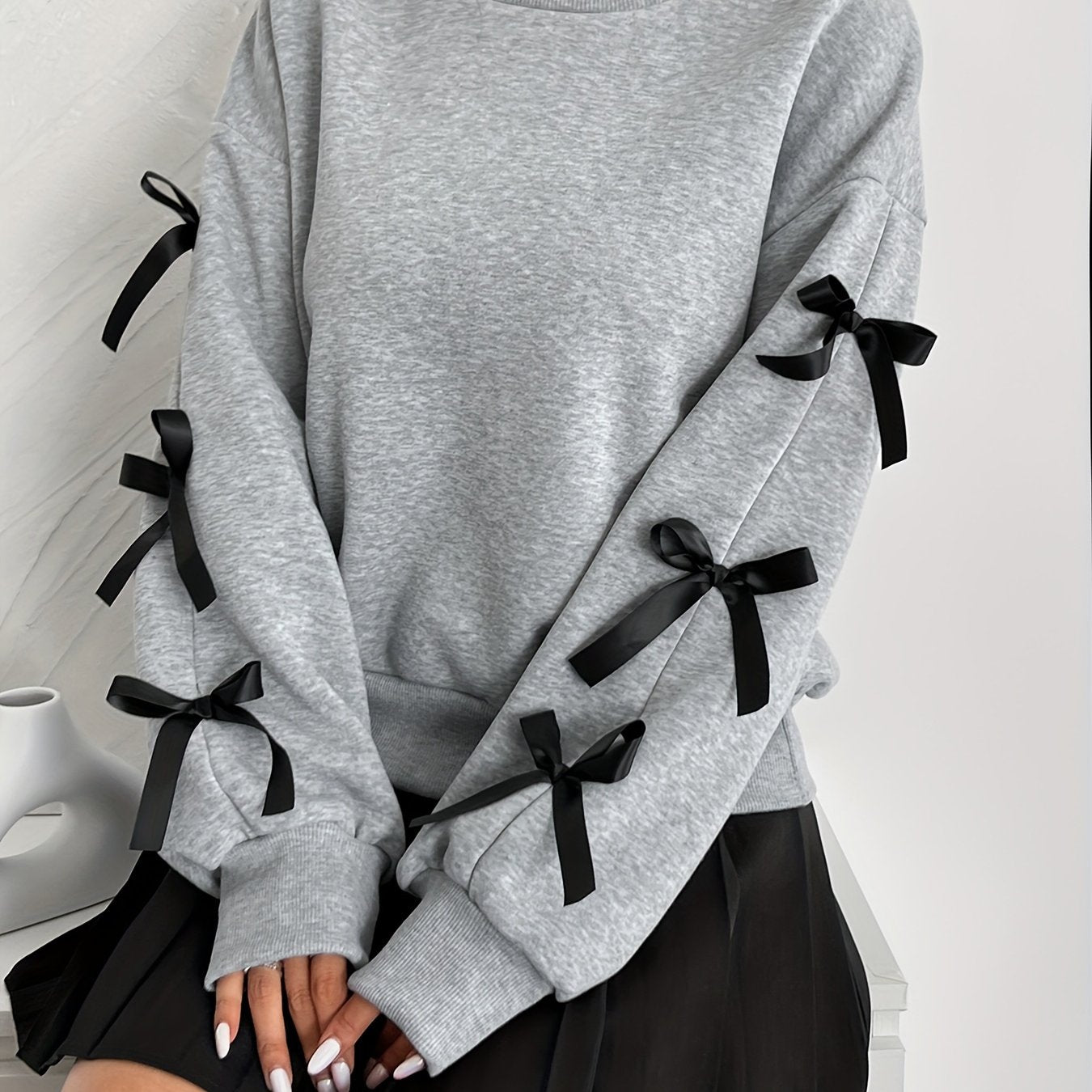 Women'S Elegant Solid Color Crew Neck Sweatshirt with Bow Detail, 100% Polyester Knit Fabric, Long Sleeve, Regular Length, Fall Fashion Top - 240gsm