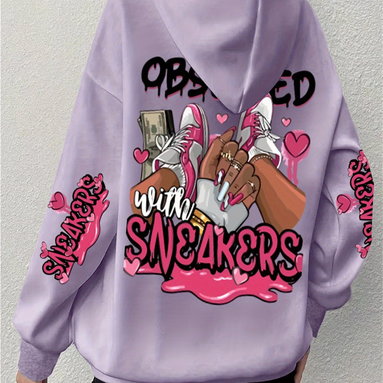 Casual Plus Size Hoodie with Long Sleeve Letter Print, Polyester Knit Pullover - Machine Washable, Hoodie Plus Size