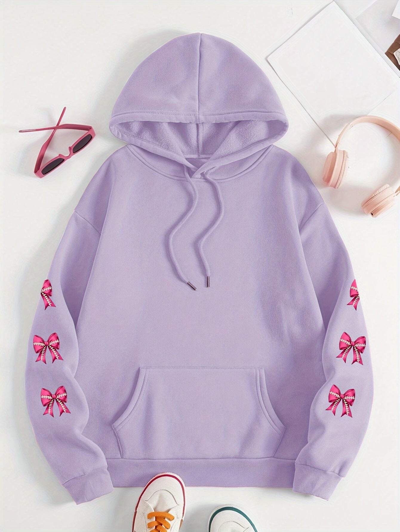 Women'S Plus Size Hoodie with Pink Ribbon Bowknot Print, Casual Long Sleeve Pullover with Pocket, 100% Polyester Knit Fabric, Slight Stretch, Fall/Winter Hooded Sweatshirt, Breast Cancer Awareness Design