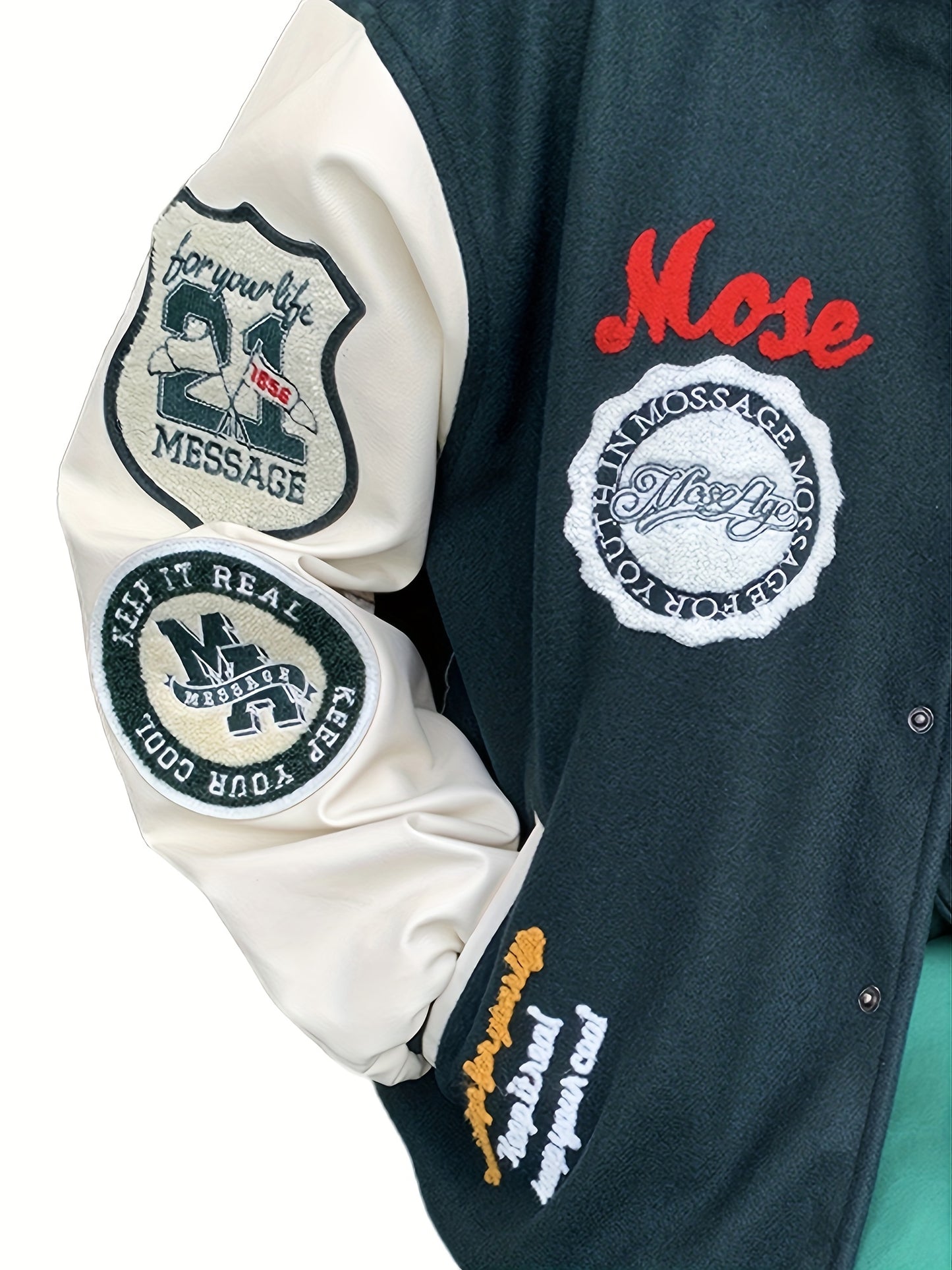Embroidery Varsity Jacket, Men's Casual Color Block Button Up Jacket For Spring Fall School Baseball