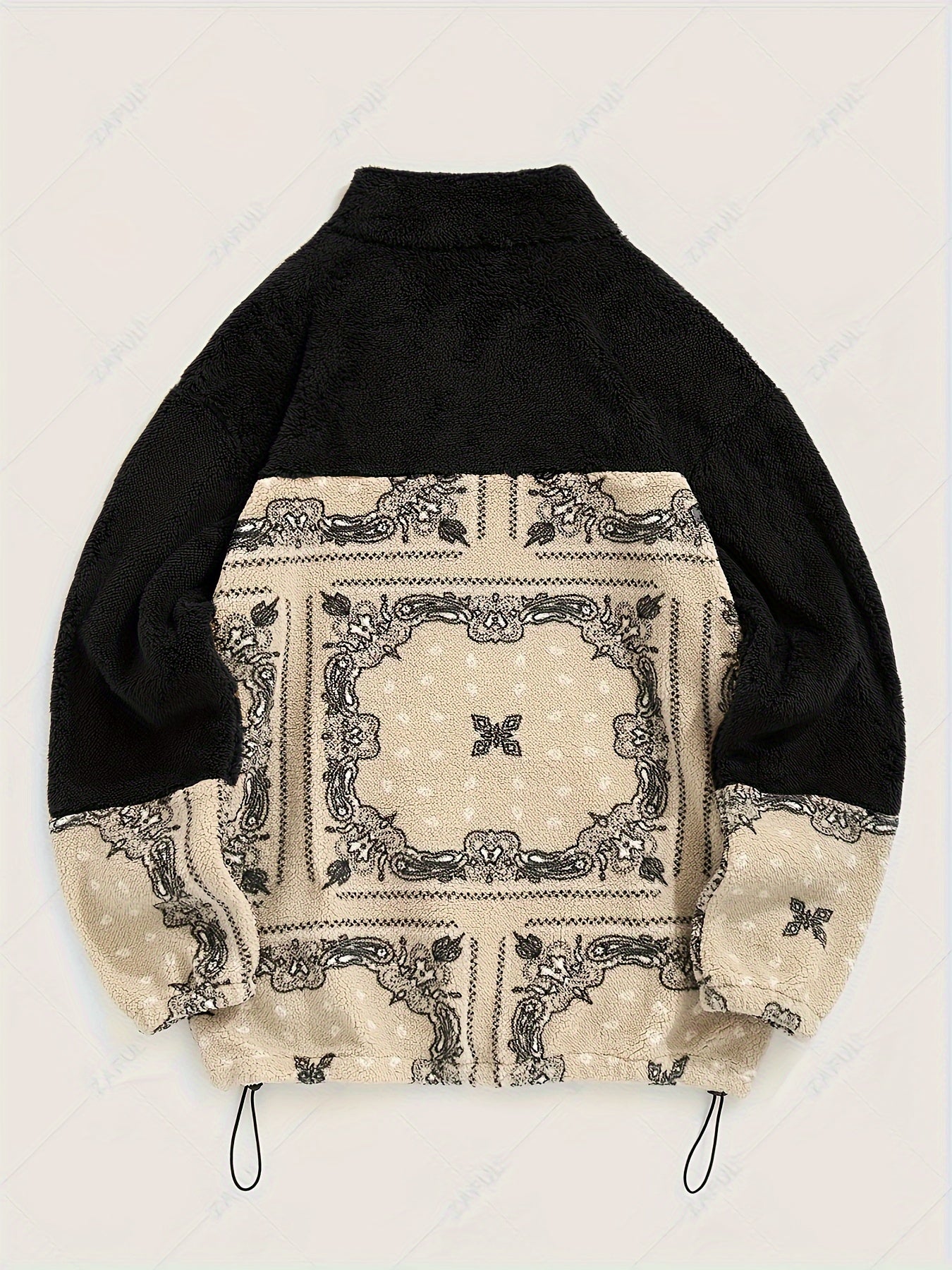 Men's Casual Paisley Pattern Stand Collar Jacket, 100% Polyester Knit Fabric with Medium Stretch, Loose Fit Zip-Up with Drawstring Hem, Long Sleeve Streetwear for Daily Commute and Winter Outings, Casual Winter Jacket|Trendy