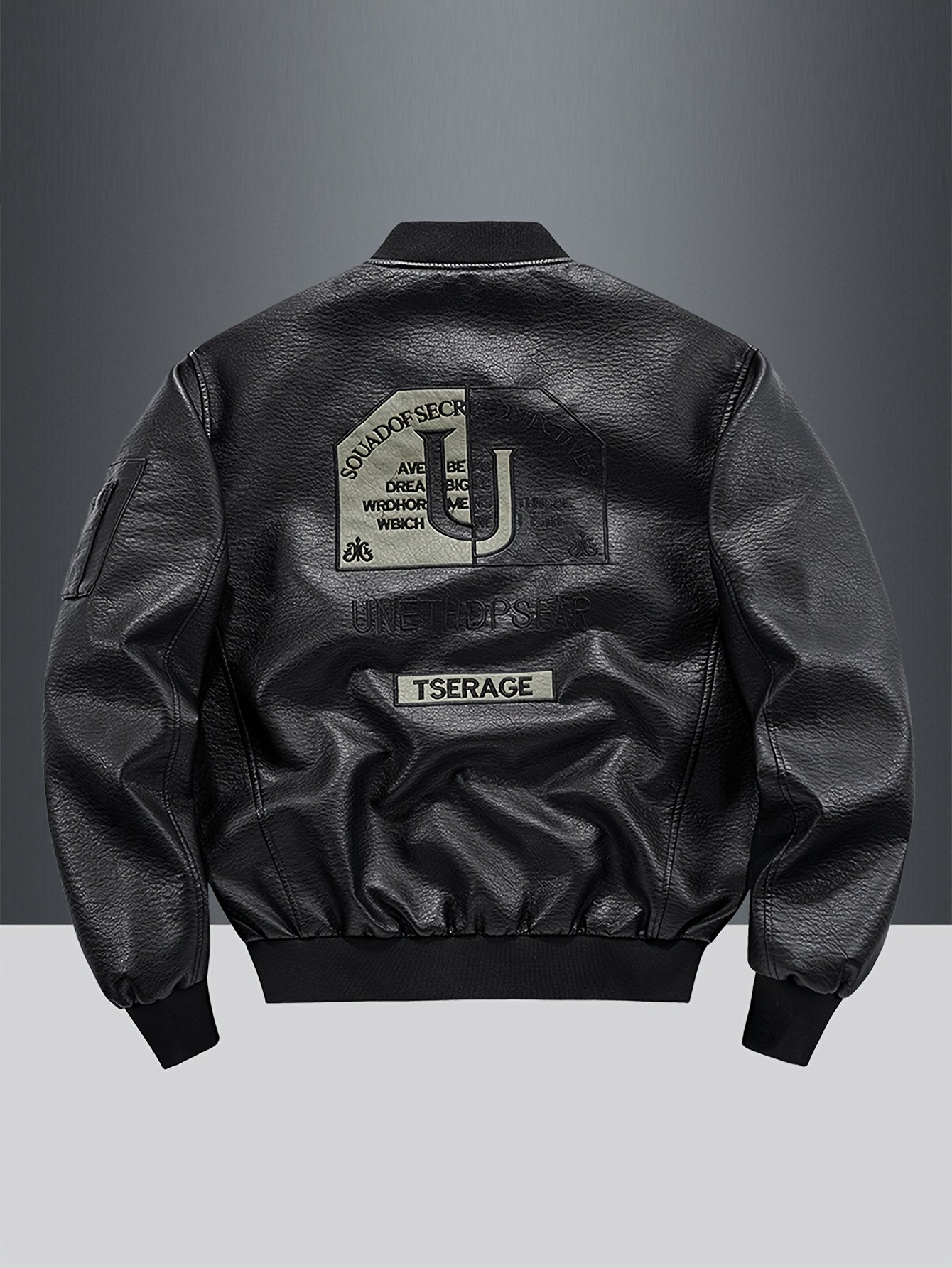 Men'S Embroidered Faux Leather Bomber Jacket, Casual Baseball Collar, Long Sleeve, Zippered, Non-Stretch, Loose Fit, for Spring/Fall/Winter - Casual Weekend Wear