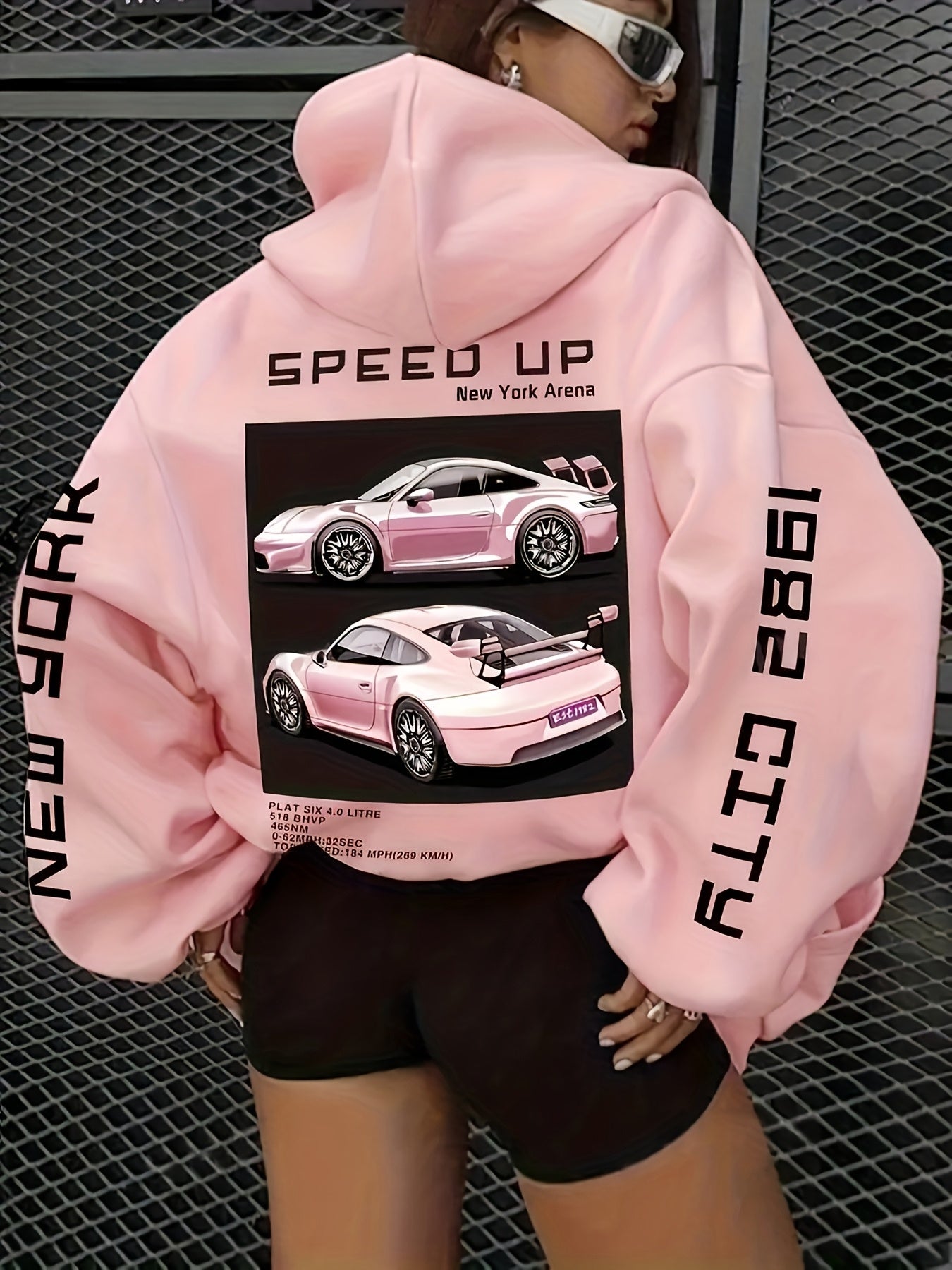 1pc Women'S Casual Polyester Hoodie with Car & Alphabet Graphics, Knit Fabric Hooded Sweatshirt for All Seasons, 100% Polyester