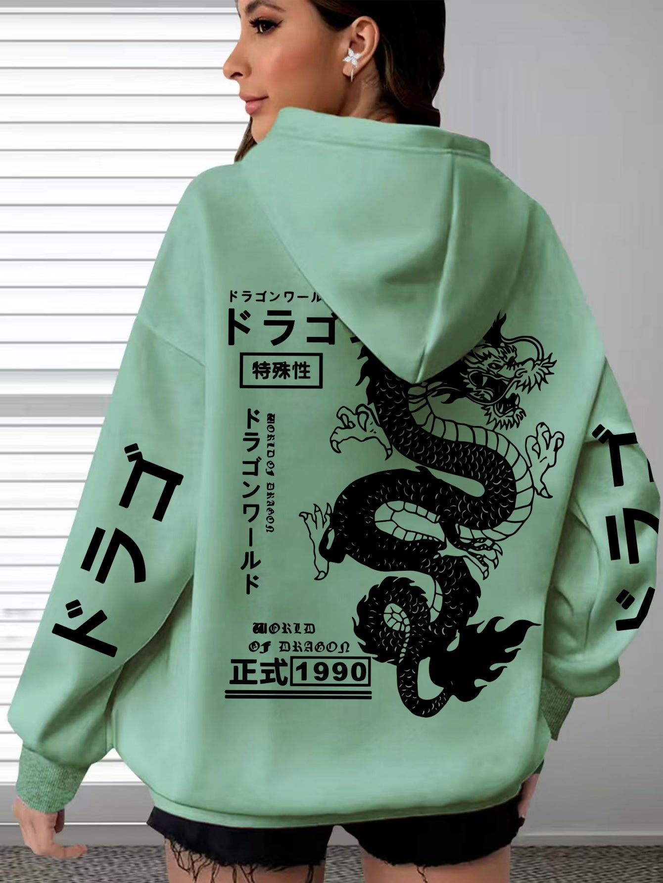 Women's Plus Size Casual Hoodie with Dragon & Letter Print - Cozy Knit, Long Sleeve, Drawstring Pullover