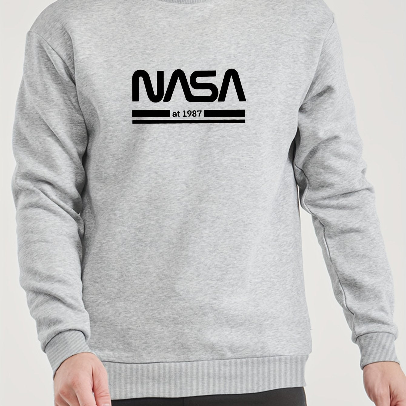 Thin European and American Men's Casual Sports Style Round Neck Geometric Letters NASA1987 Pattern Print Hoodie
