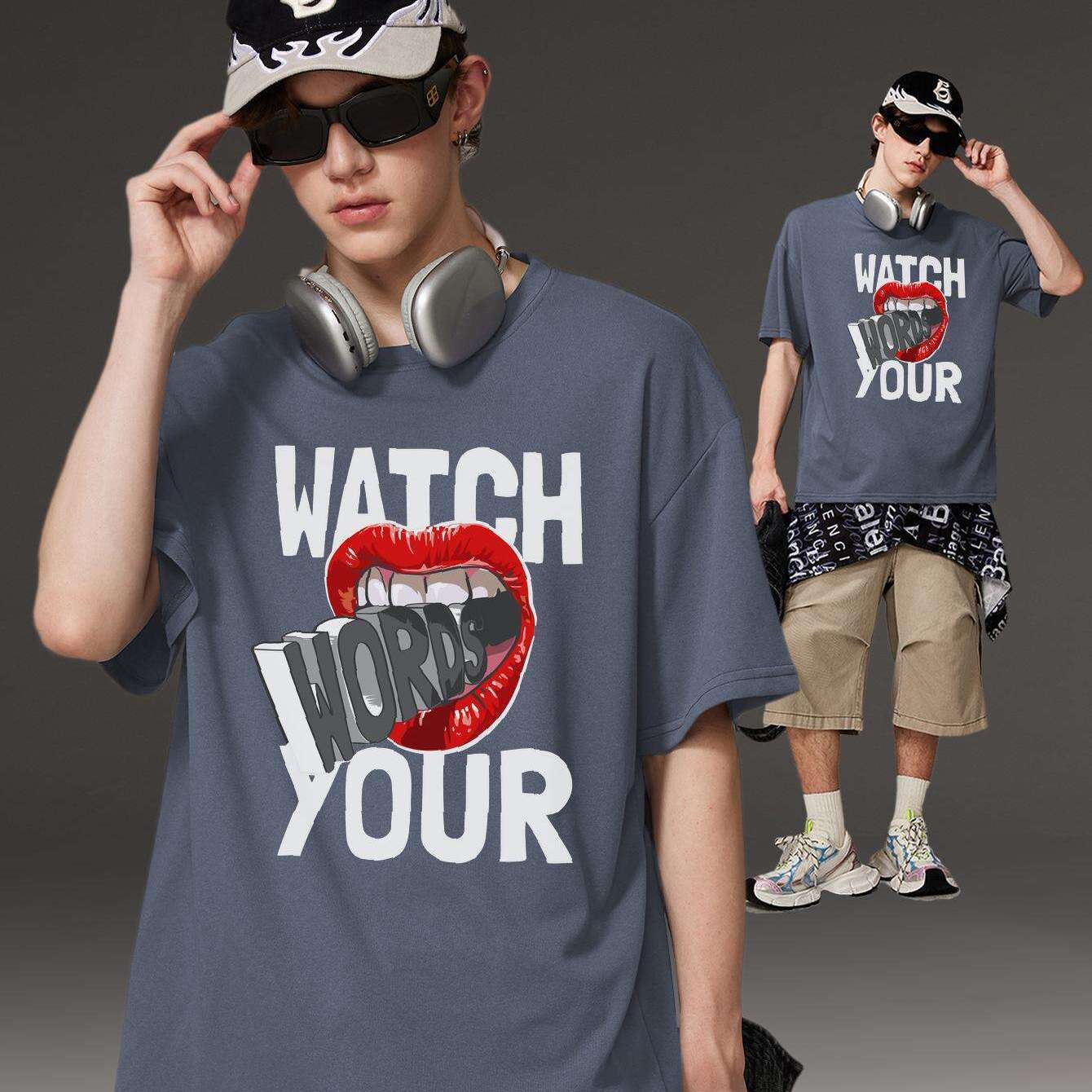 PRIVATHINKER "Watch Your Words" Graphic Tee for Men - Oversized, 100% Cotton, Short Sleeve, Casual Summer Streetwear with Red Lip & Lightning Bolt Design, Machine Washable