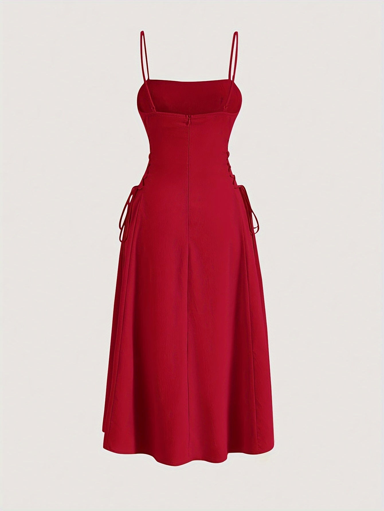 Square Neck Side Tie Dress, Sexy Solid Backless Spaghetti Strap Ruched Cami Dress, Women's Clothing