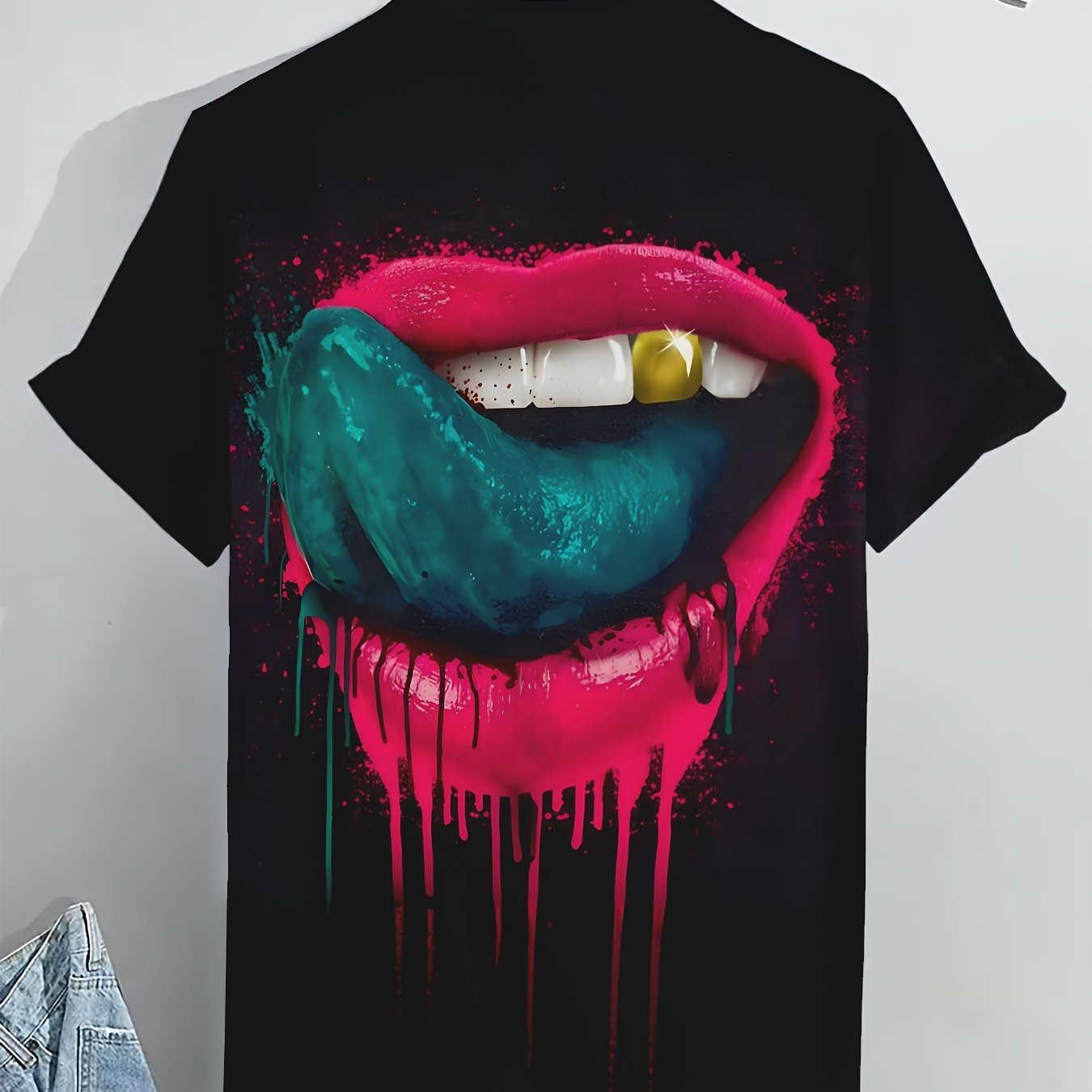 Men's Mouth Graphic Print T-shirt, Short Sleeve Crew Neck Tee, Men's Clothing For Summer Outdoor