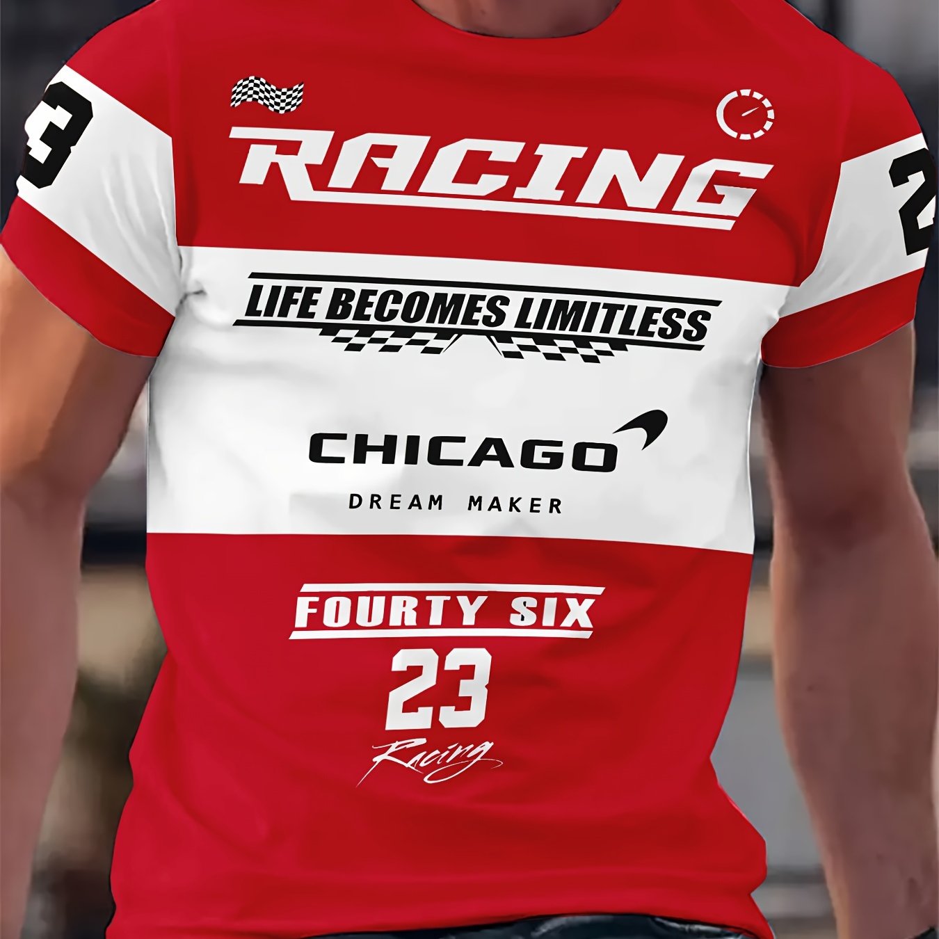 Men's Casual Graphic T-Shirt With Racing Digital Print, Polyester Fiber, Relaxed Fit, Round Neck, Breathable And Soft