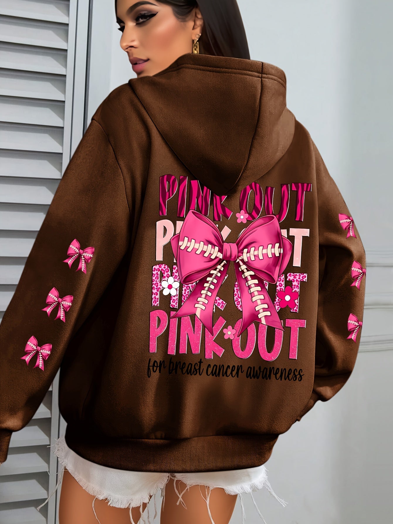 Women'S Plus Size Hoodie with Pink Ribbon Bowknot Print, Casual Long Sleeve Pullover with Pocket, 100% Polyester Knit Fabric, Slight Stretch, Fall/Winter Hooded Sweatshirt, Breast Cancer Awareness Design