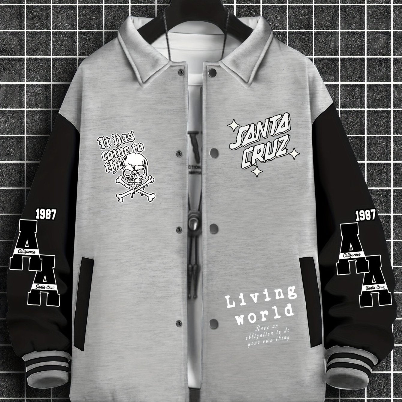 Men's Trendy Casual Baseball Jacket with Unique Print Design - Thick, Warm Polyester, Machine Washable, Collared Style