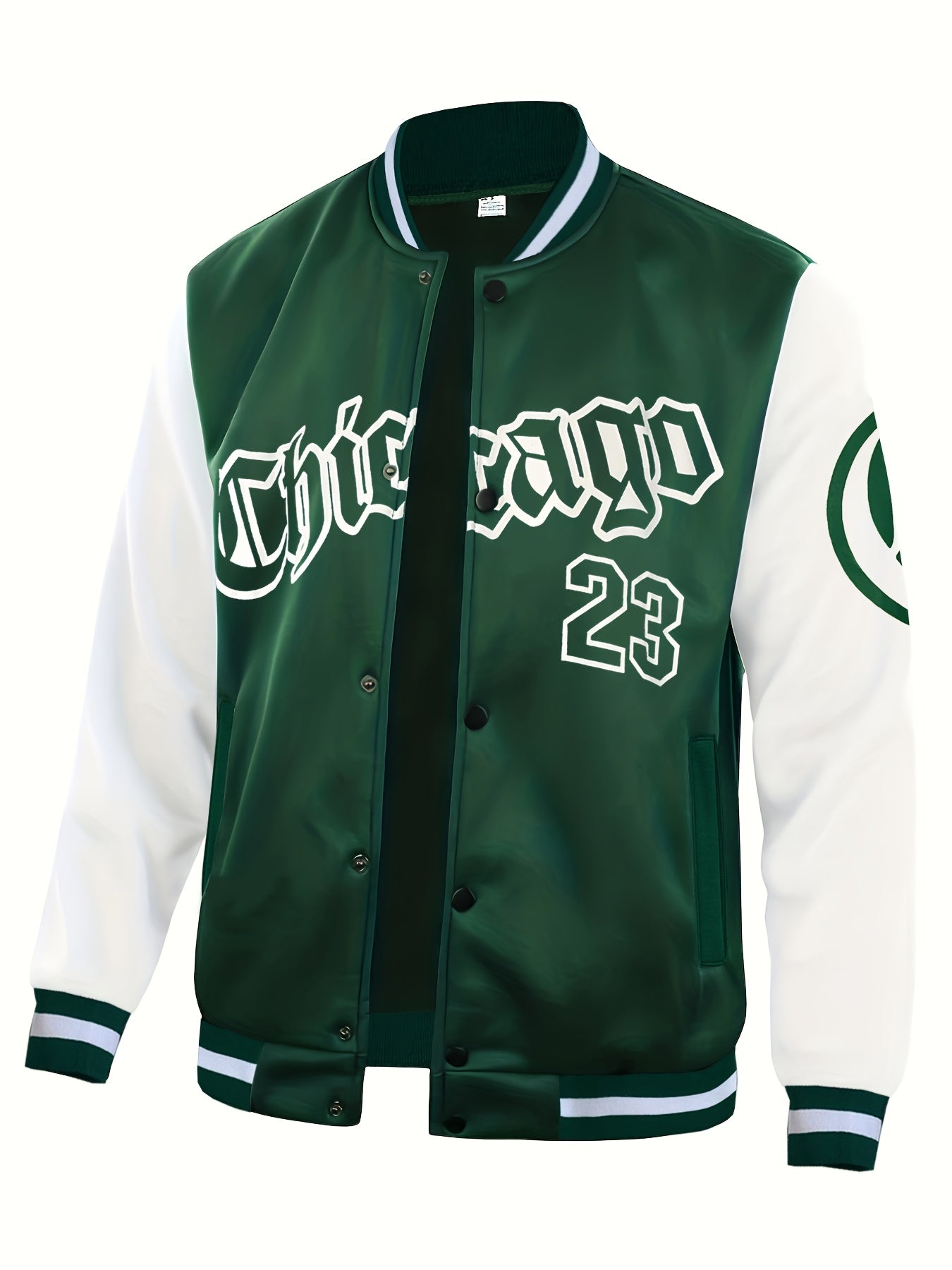 Men'S Casual Fashion Baseball Jacket, 100% Polyester Knit Fabric with Slight Stretch, Crew Neck, Button Closure, Alphabet Pattern, Regular Fit with Pockets, Polyester Lined