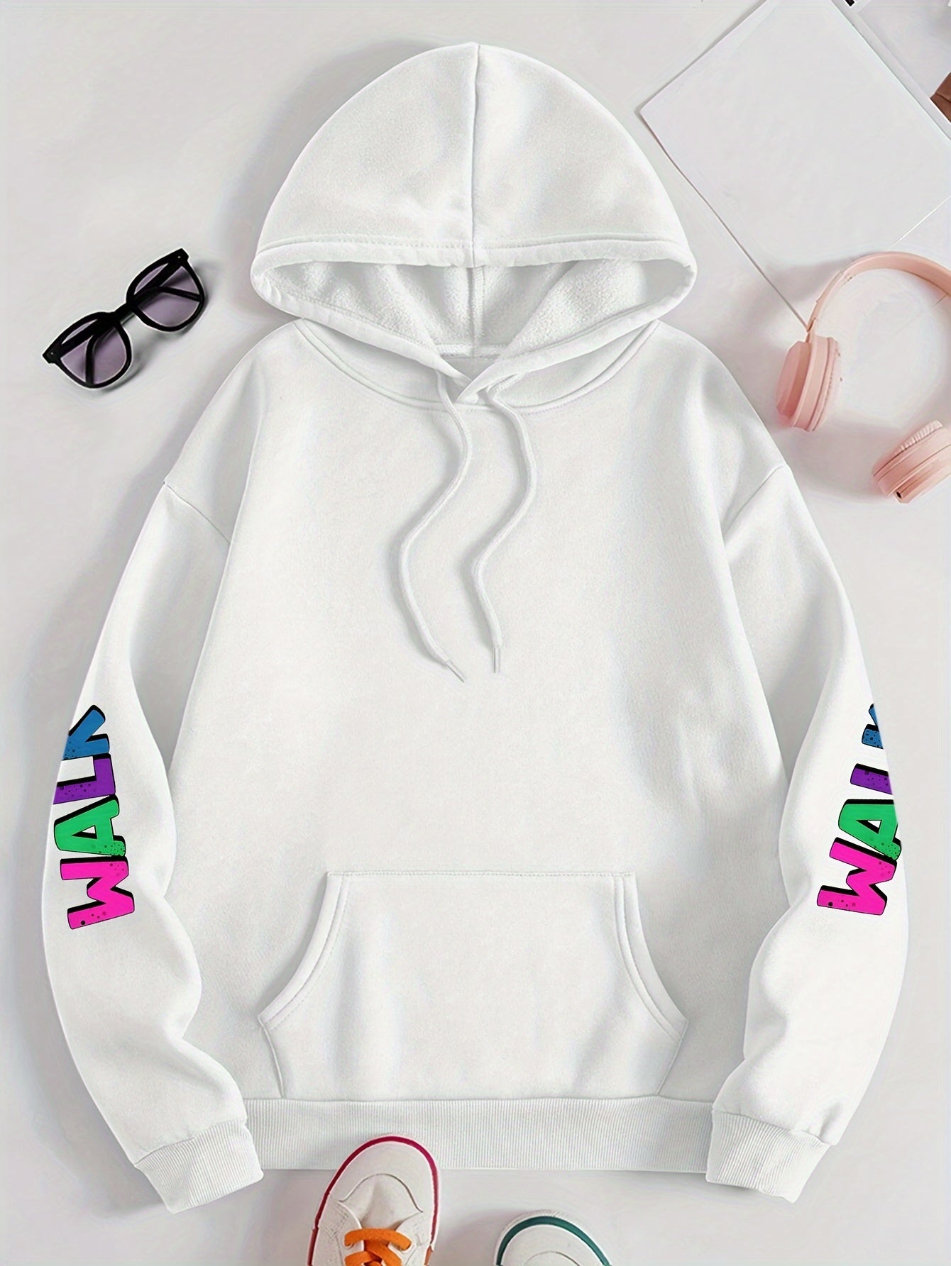 Plus Size Women's Hoodie with Colorful Walk Shoes Print - Casual Long Sleeve Pullover with Pocket, Cozy Polyester Hooded Sweatshirt for Fall & Winter, Fall Fashion Hoodie|Vibrant Shoe Design|Machine Washable Top
