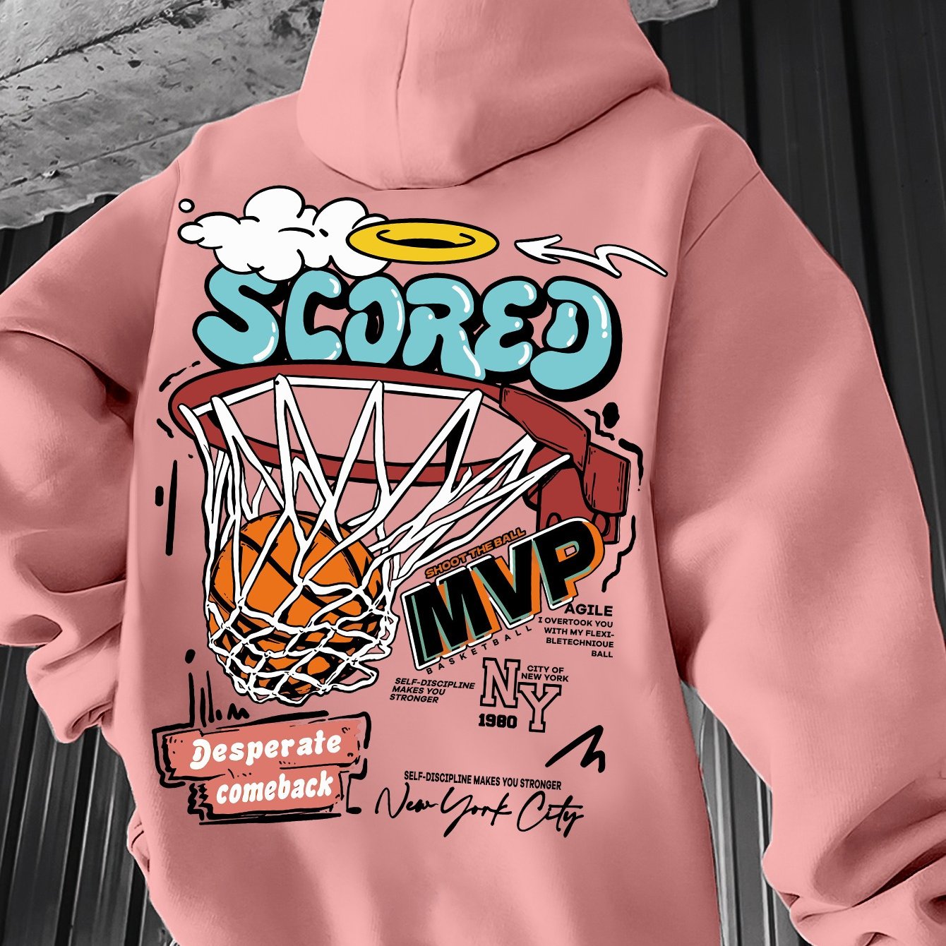 Spring/Fall Casual MVP Basketball Graphic Hoodie for Men - Knitted Fabric Regular Fit with Slight Stretch - Polyester & Elastane Blend, Geometric-Pattern, Hooded Pullover - Fashion Sportswear