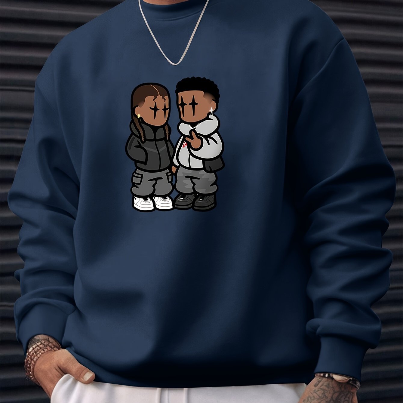 Men's Stylish Creative Cartoon Style Printed Floral Sports Casual Commuting Versatile Long-sleeved Round Neck Black Sweatshirt - An Exquisite
