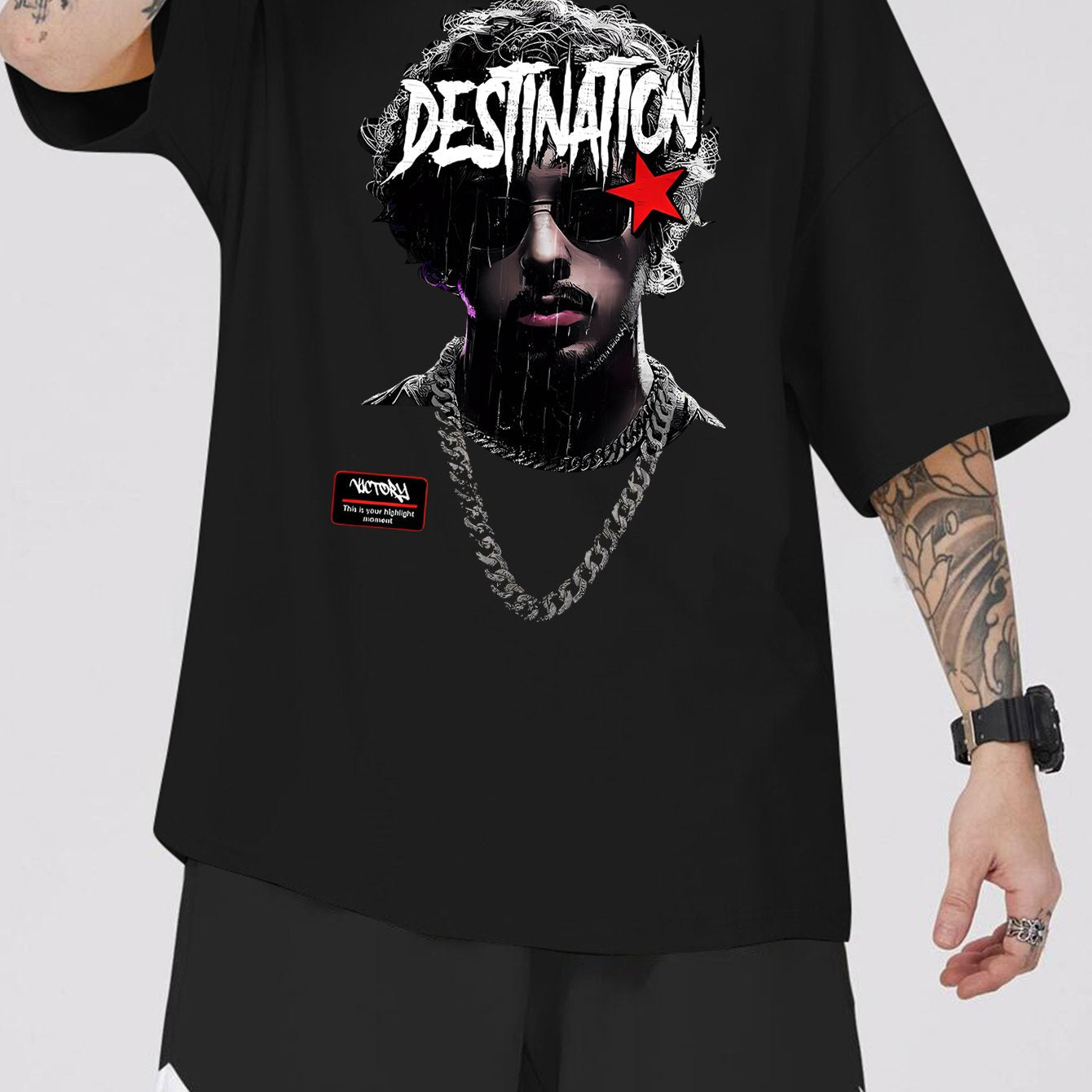 1pc Men'S Casual Rapper Print T-Shirt, Polyester Knit Fabric with Slight Stretch, Crew Neck, Short Sleeve, Summer Patterned Tee