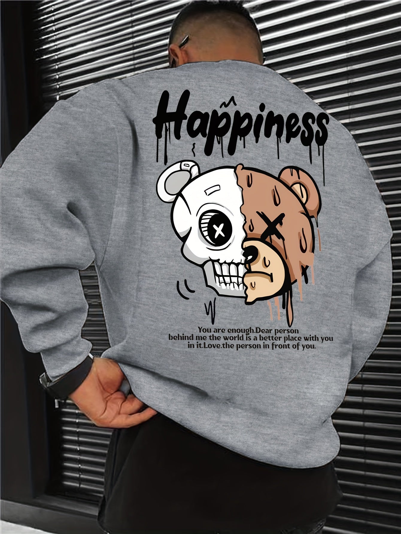 Melted Skull Bear Printed Men's Crew Neck And Long Sleeve Sweatshirt, Casual Style, Breathable, Comfortable, Stylish Street Fashion Pullover Sweatshirt